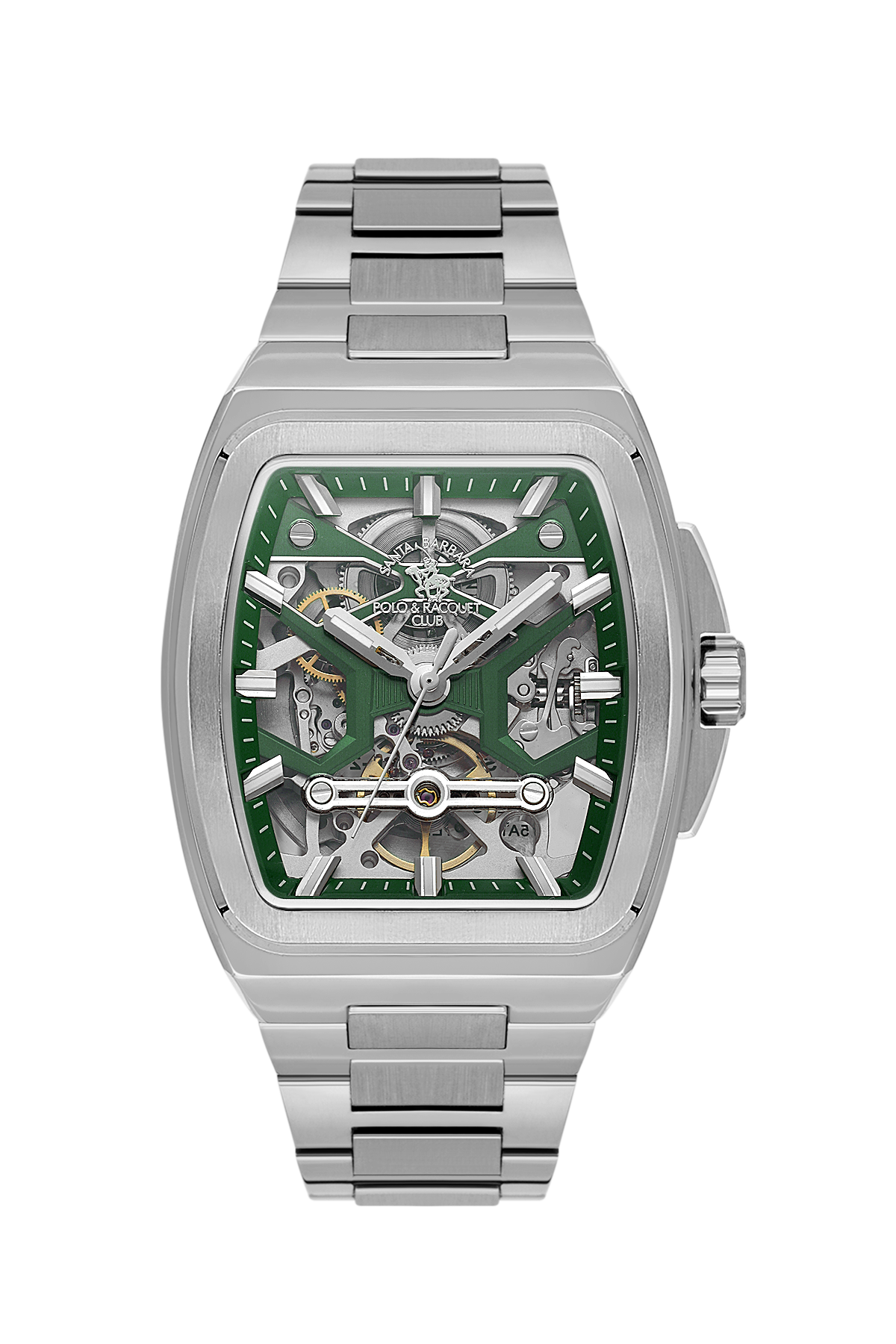 Silver watch with a green face on a white background