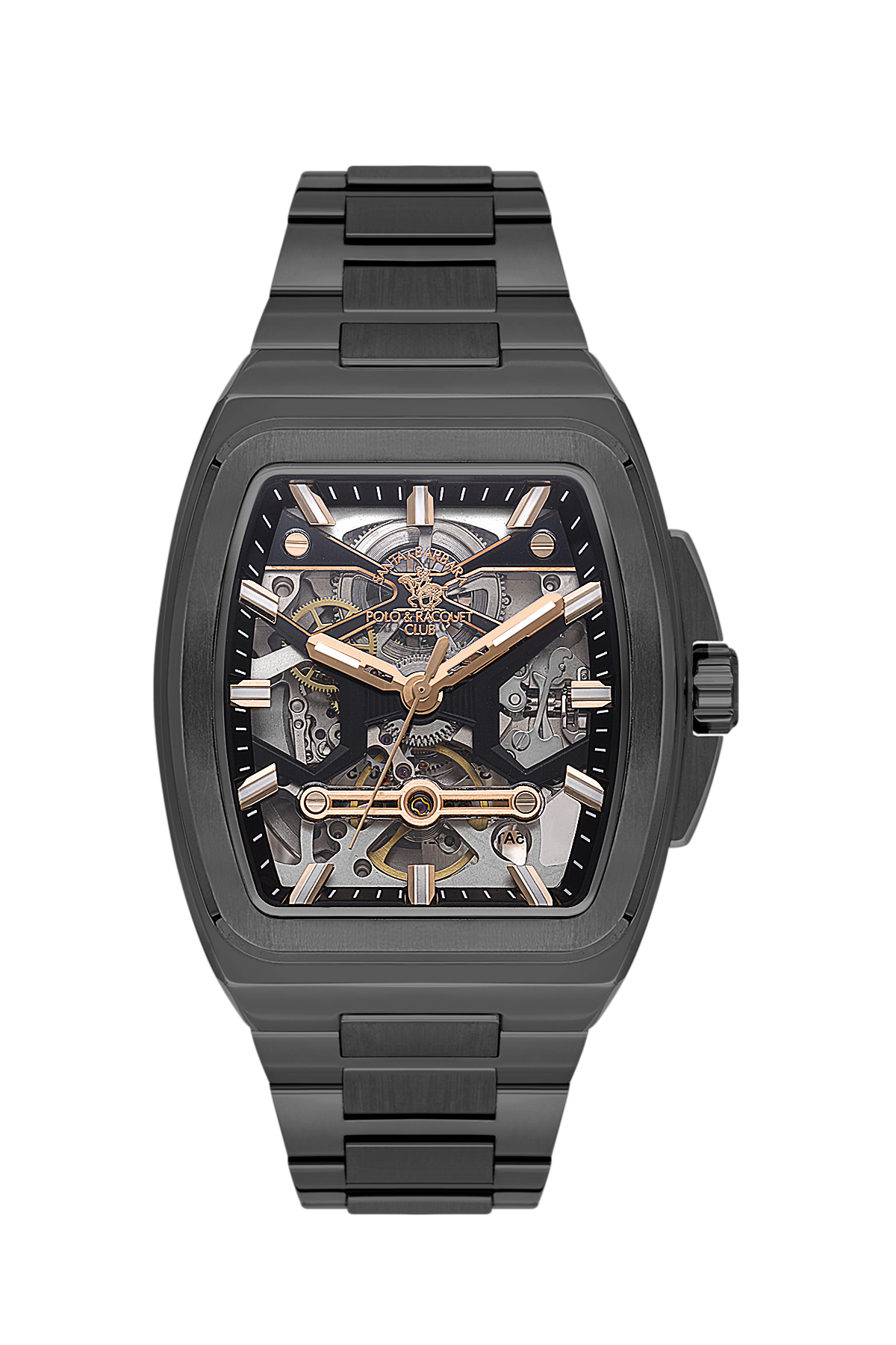 Black mechanical watch with a detailed face on a white background