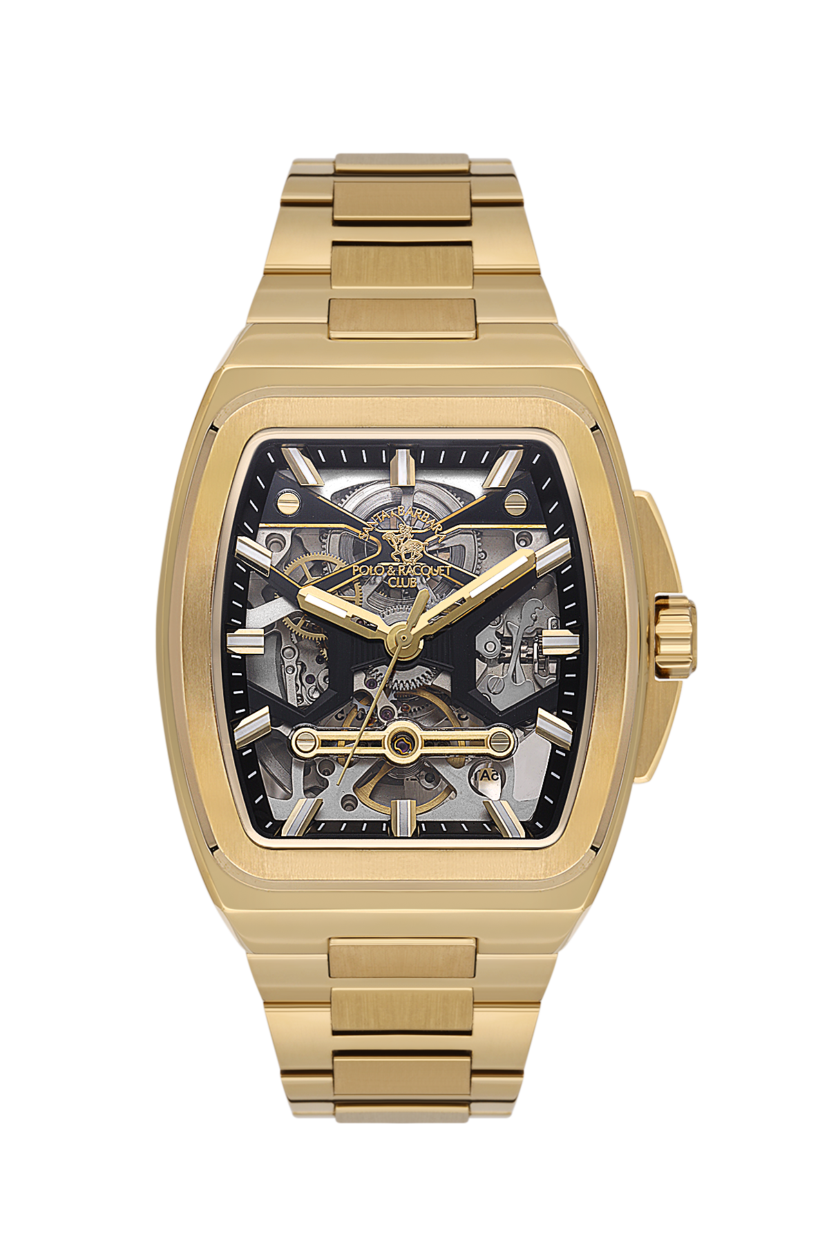 Gold wristwatch with a detailed face on a white background