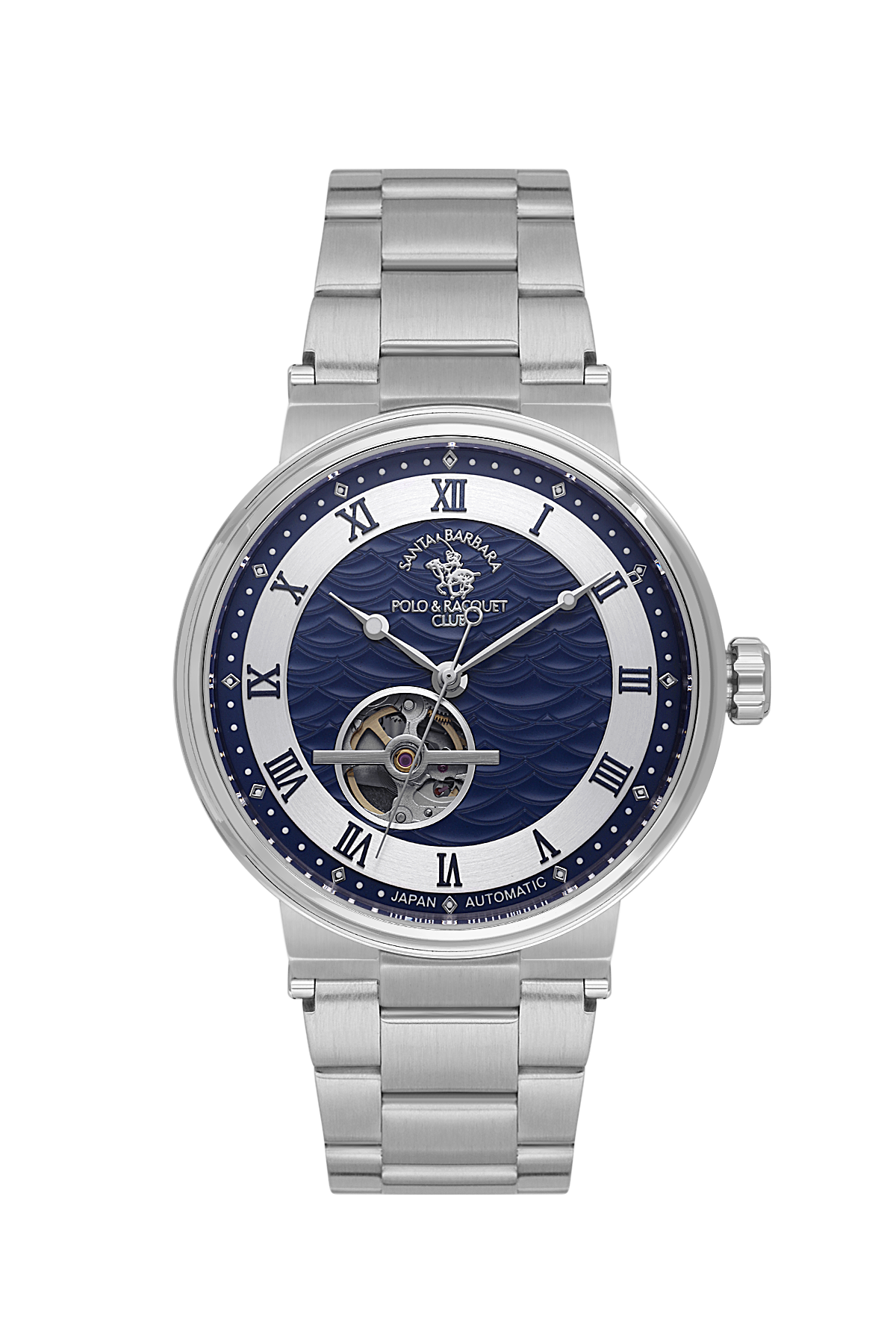Silver watch with a blue face on a white background