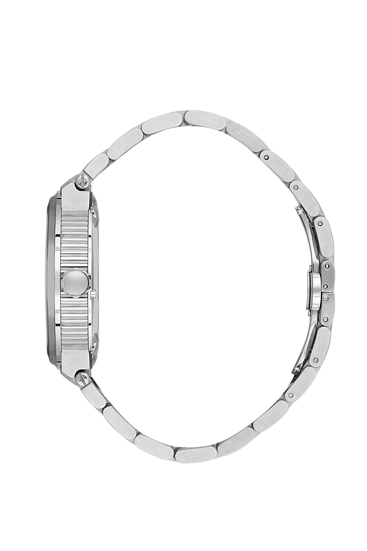 Silver watch with a detailed band on a white background