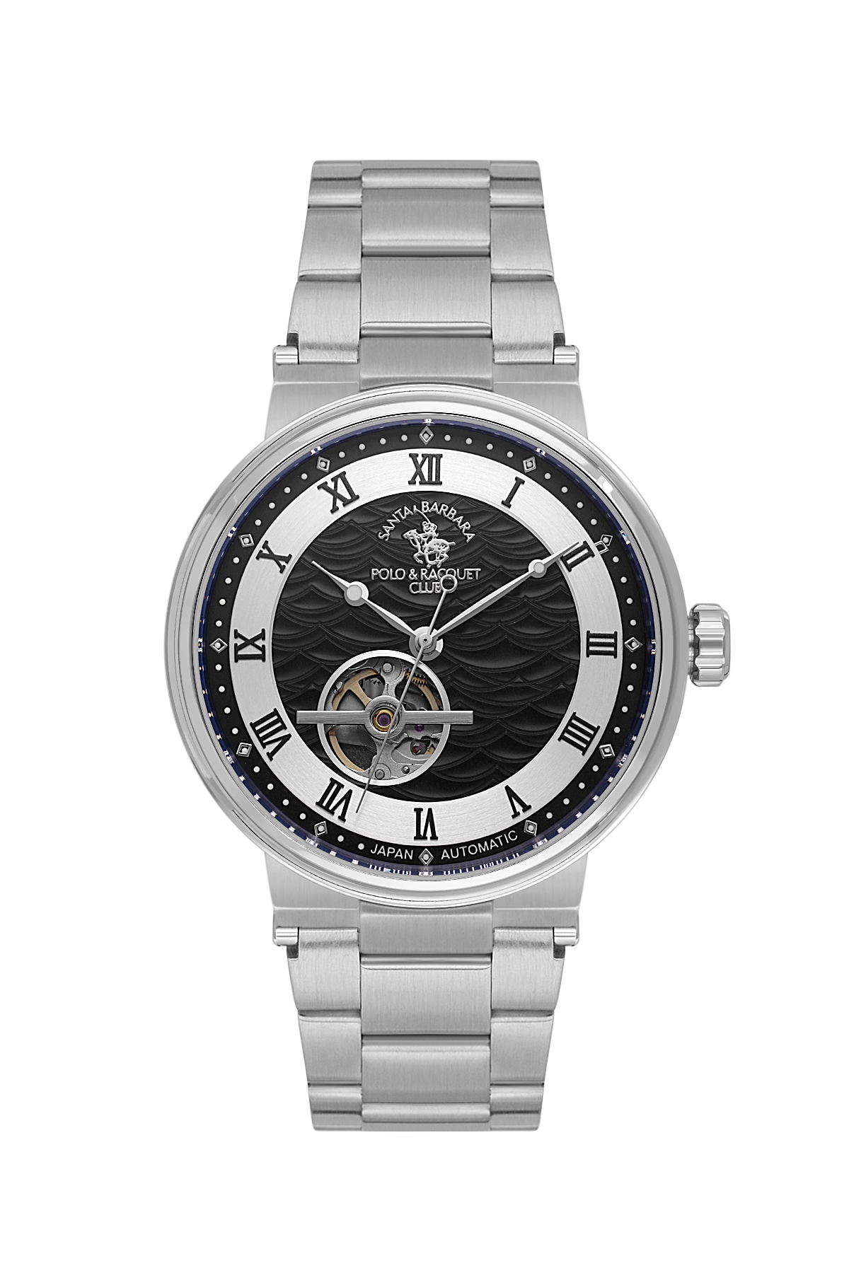 Silver watch with black dial on a white background