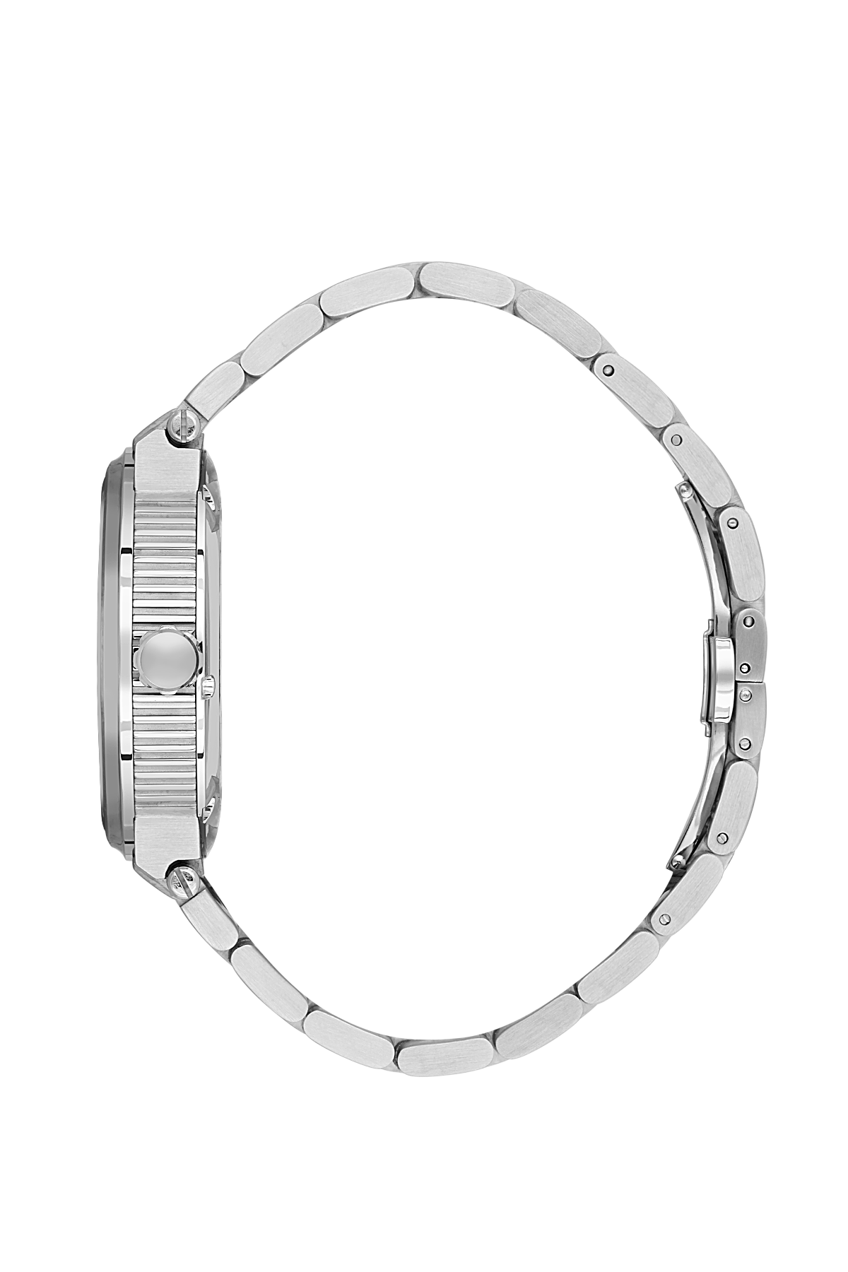 Silver watch with a detailed band on a white background
