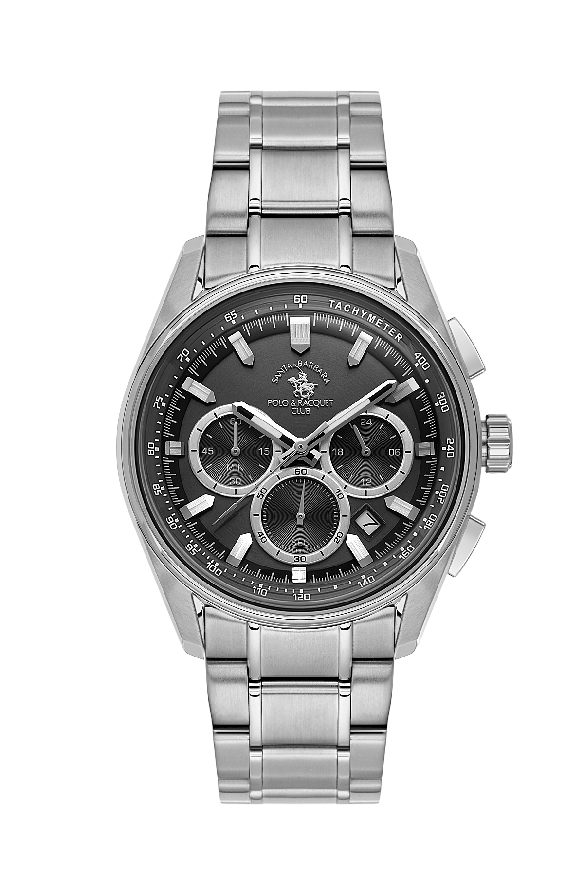 Silver watch with a black dial on a white background