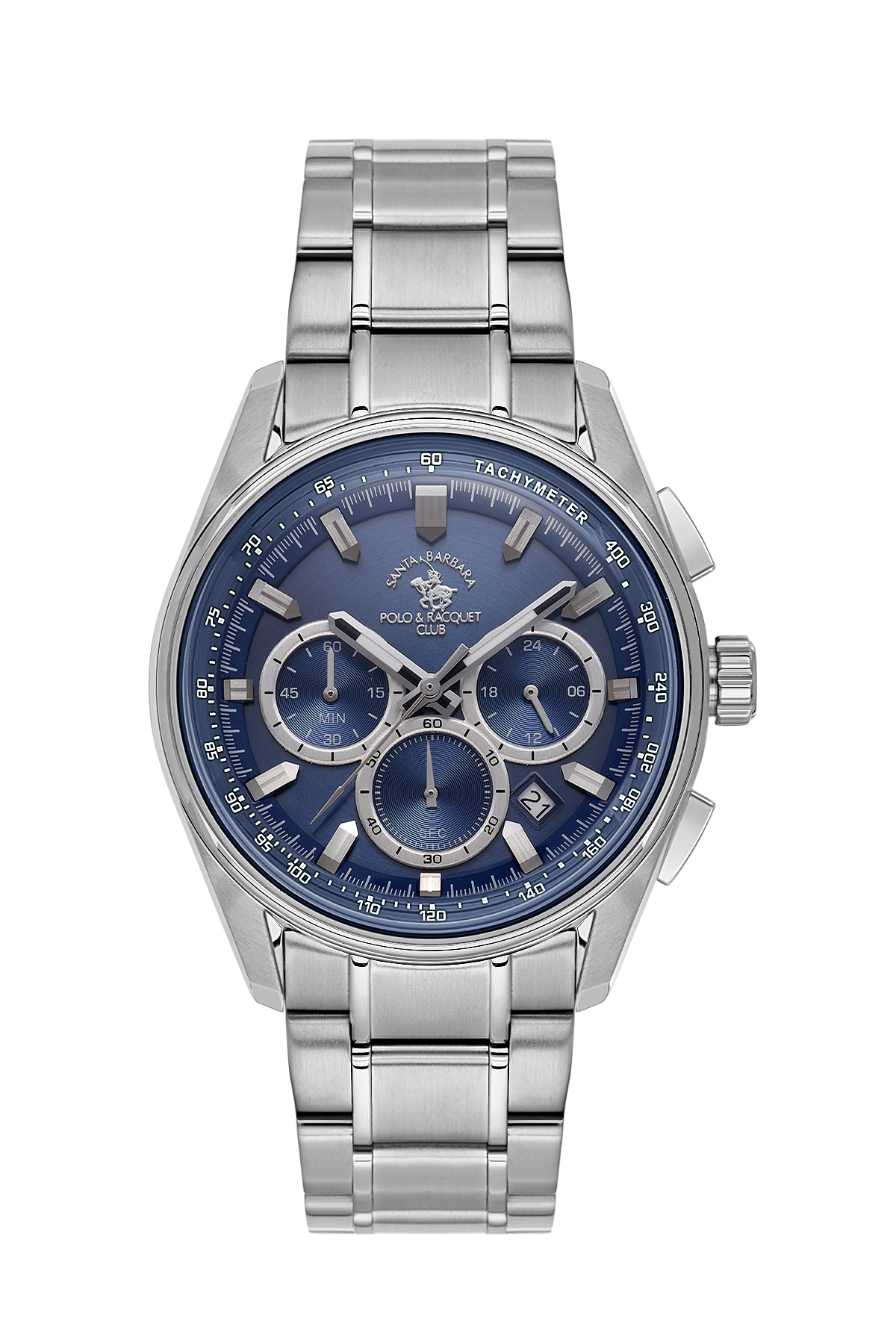 Silver watch with a blue face on a white background