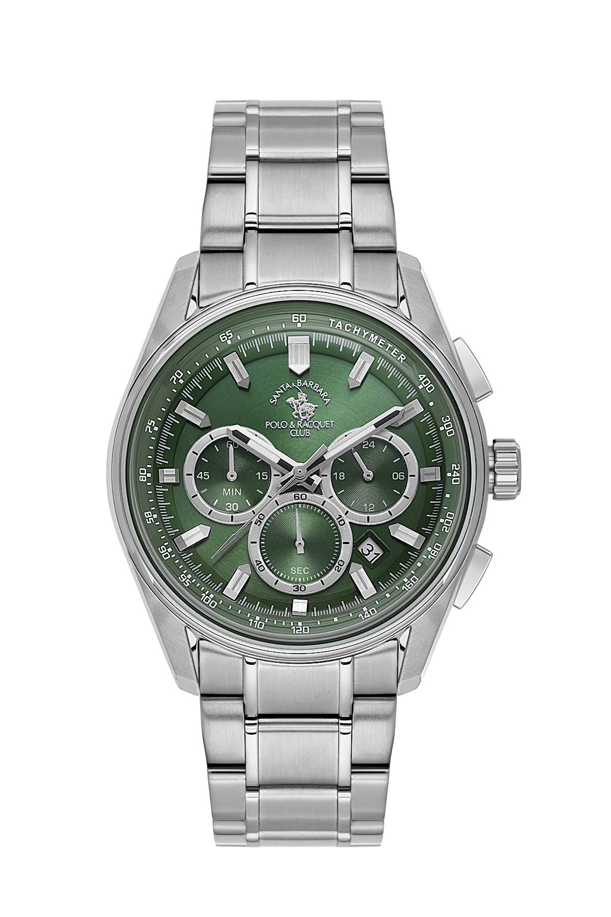 Silver watch with a green face on a white background