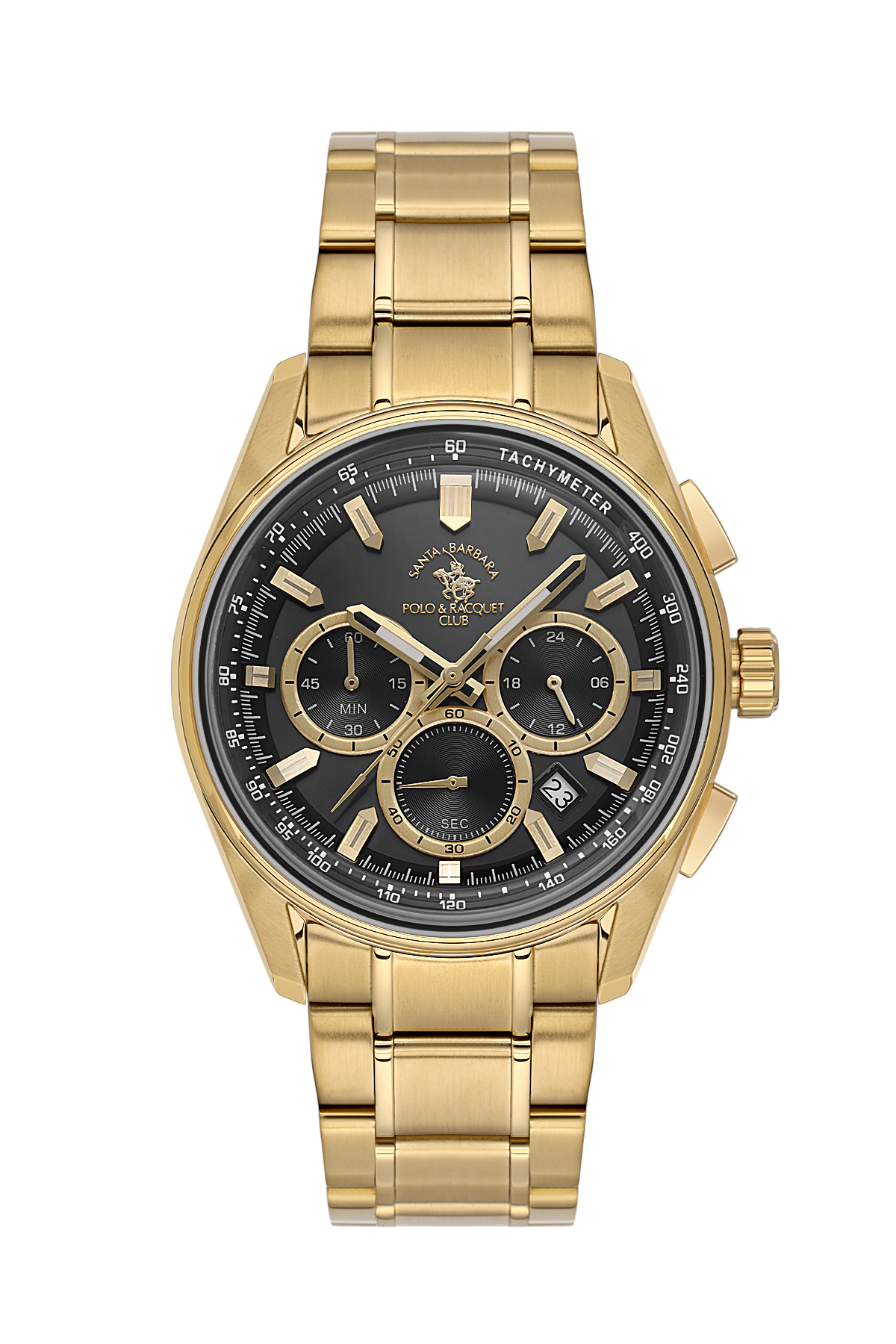 Gold wristwatch with a black dial on a white background
