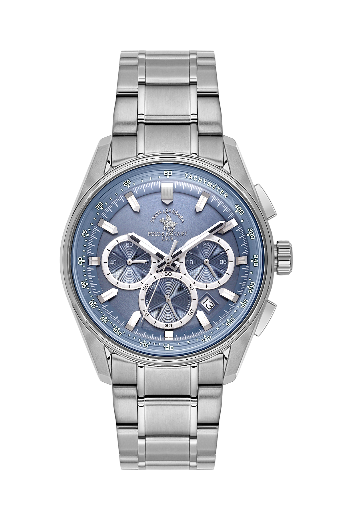 Silver watch with a blue face on a white background