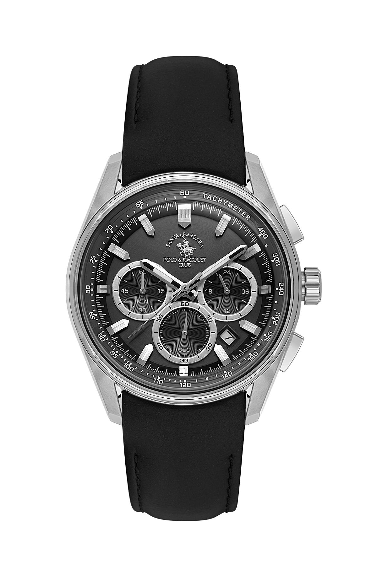 Black watch with silver case and detailed face on a white background