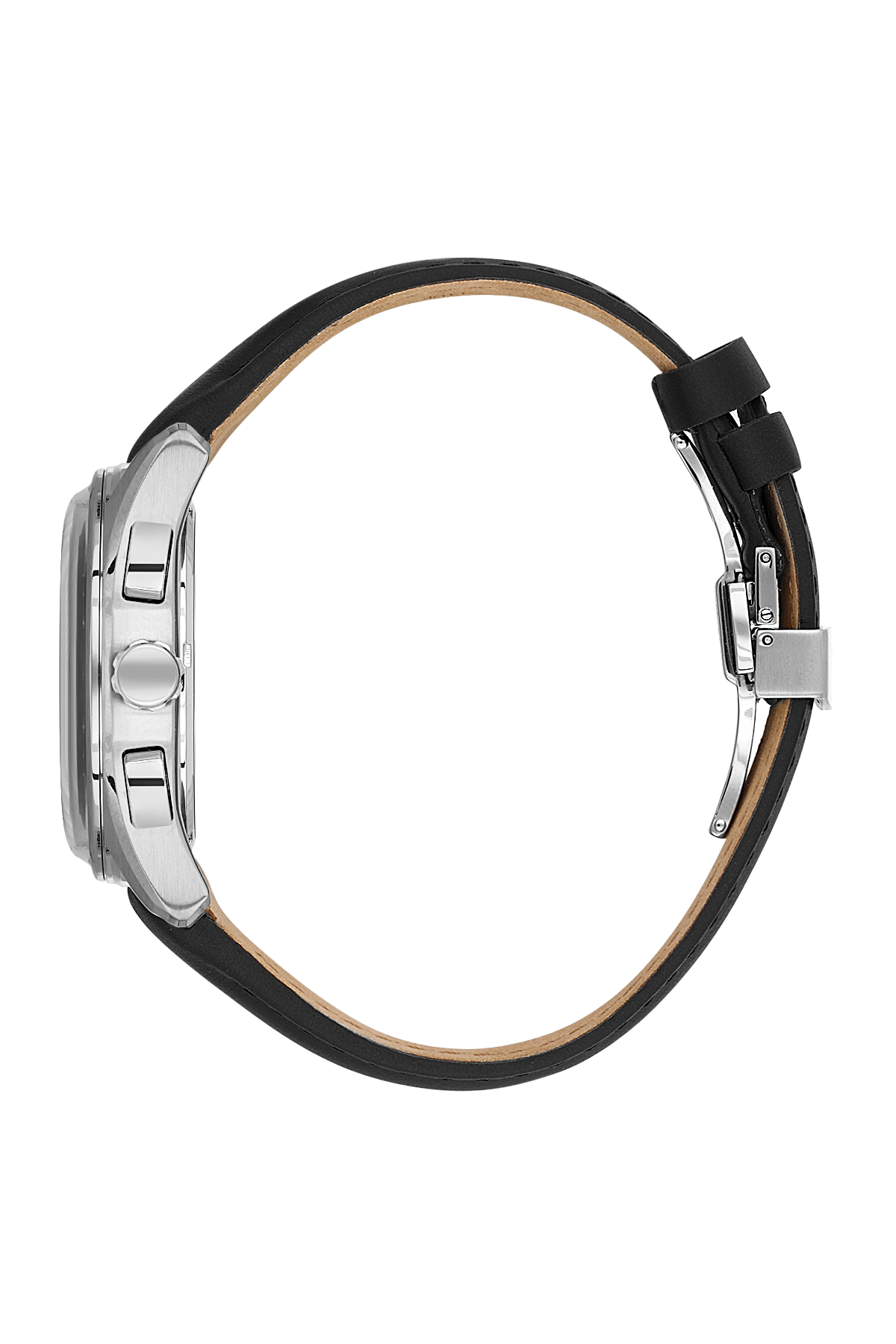 Close-up of a watch with a black strap on a white background