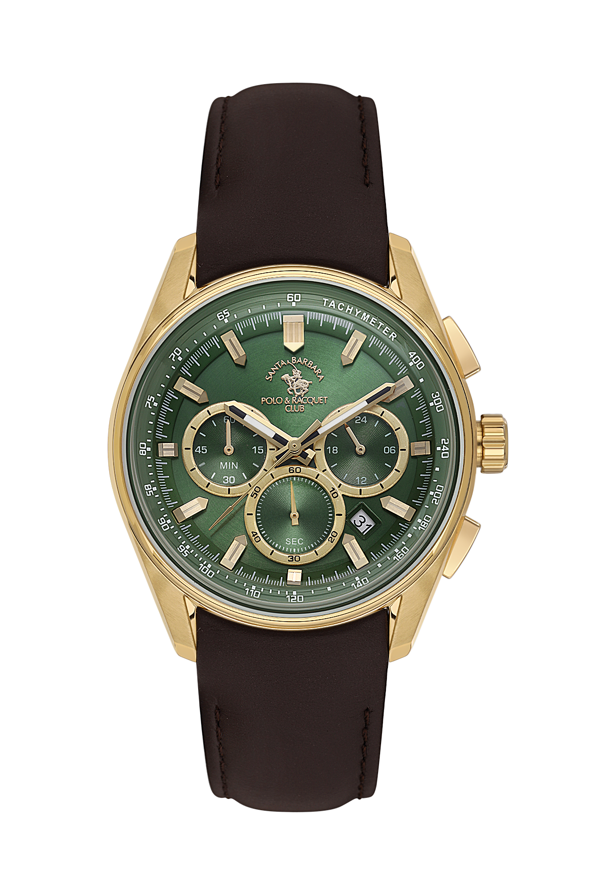 Watch with green face and black strap on a white background
