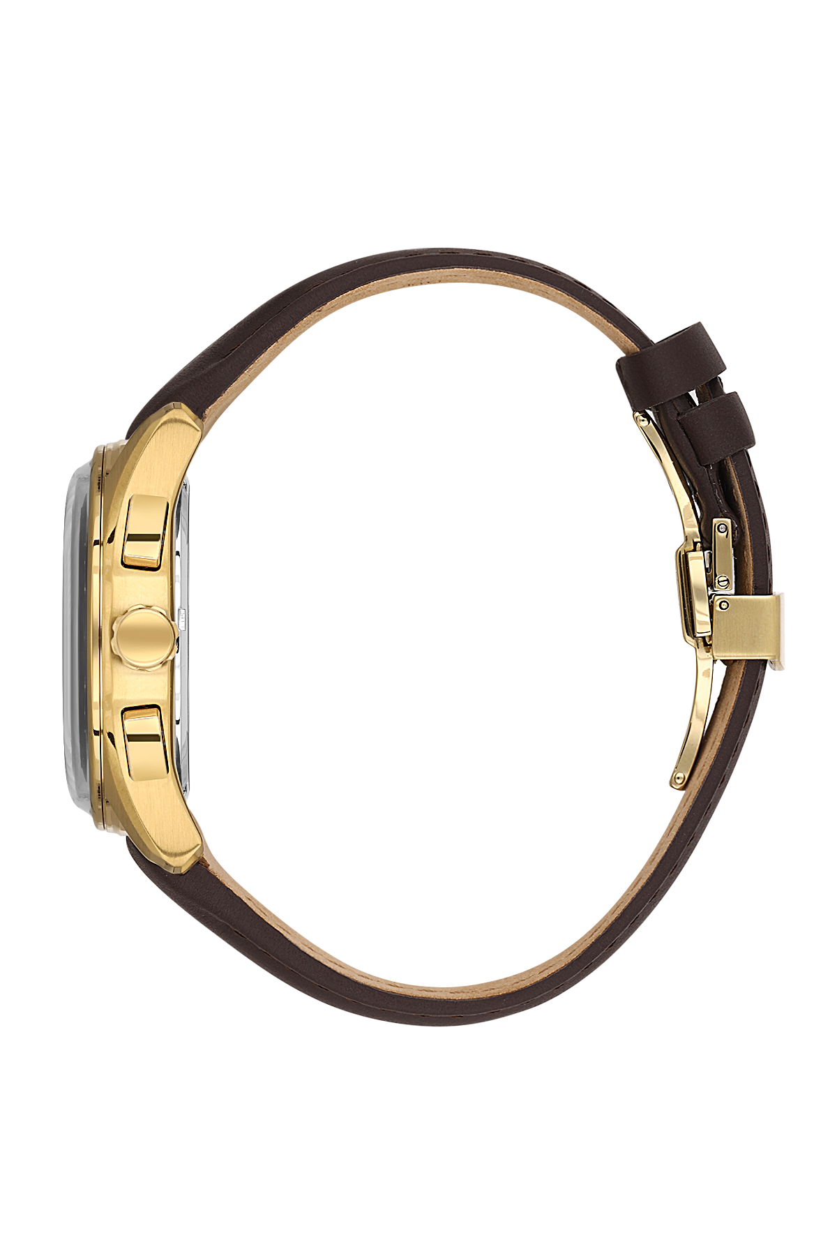 Gold watch with brown leather strap on a white background