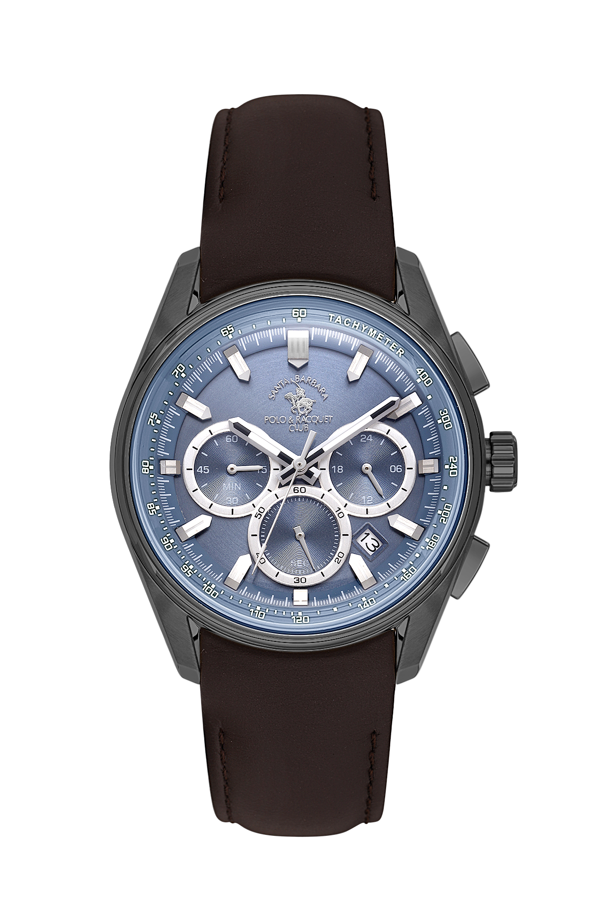 Wristwatch with black strap and blue face on a white background
