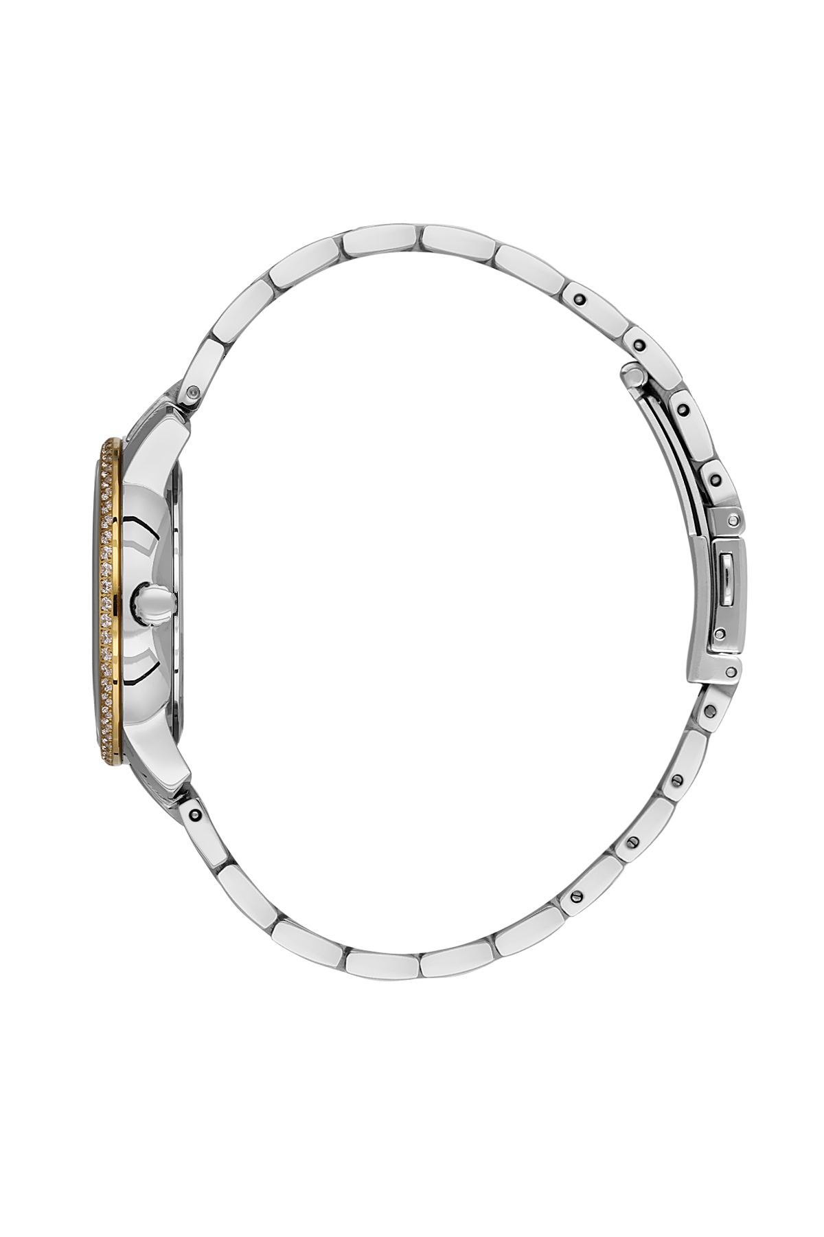 Close-up of a silver watch with a gold accent on a white background