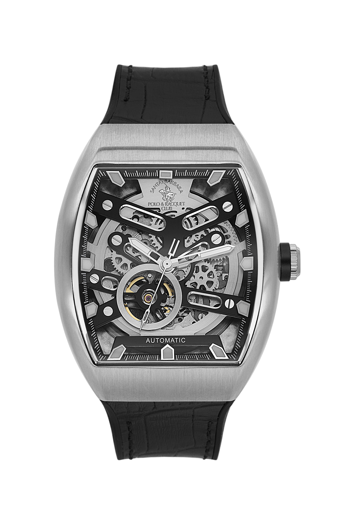 Watch with a black strap and visible mechanical components on a white background