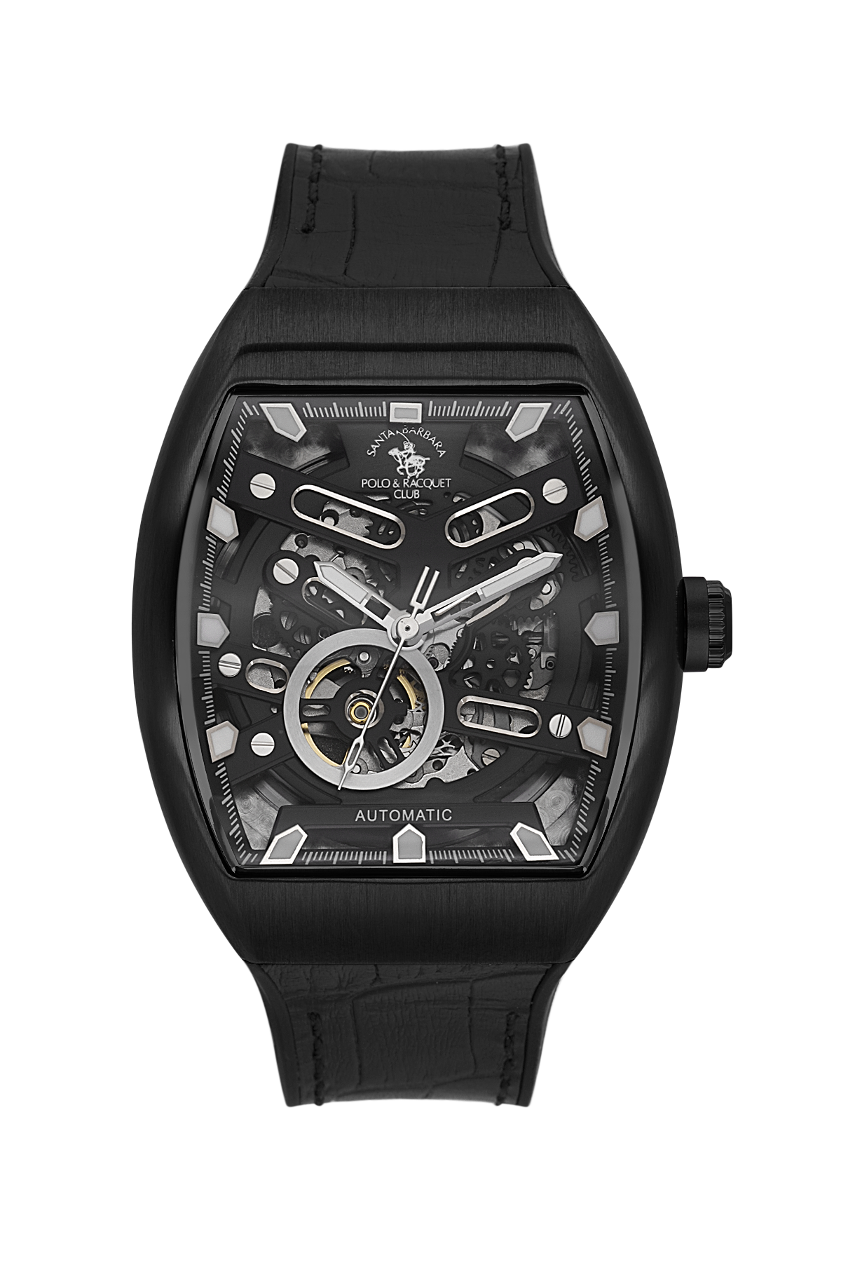 Black wristwatch with detailed face on a white background