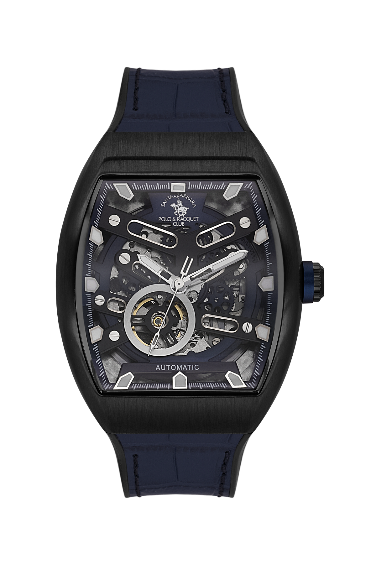 Black watch with a detailed face on a white background