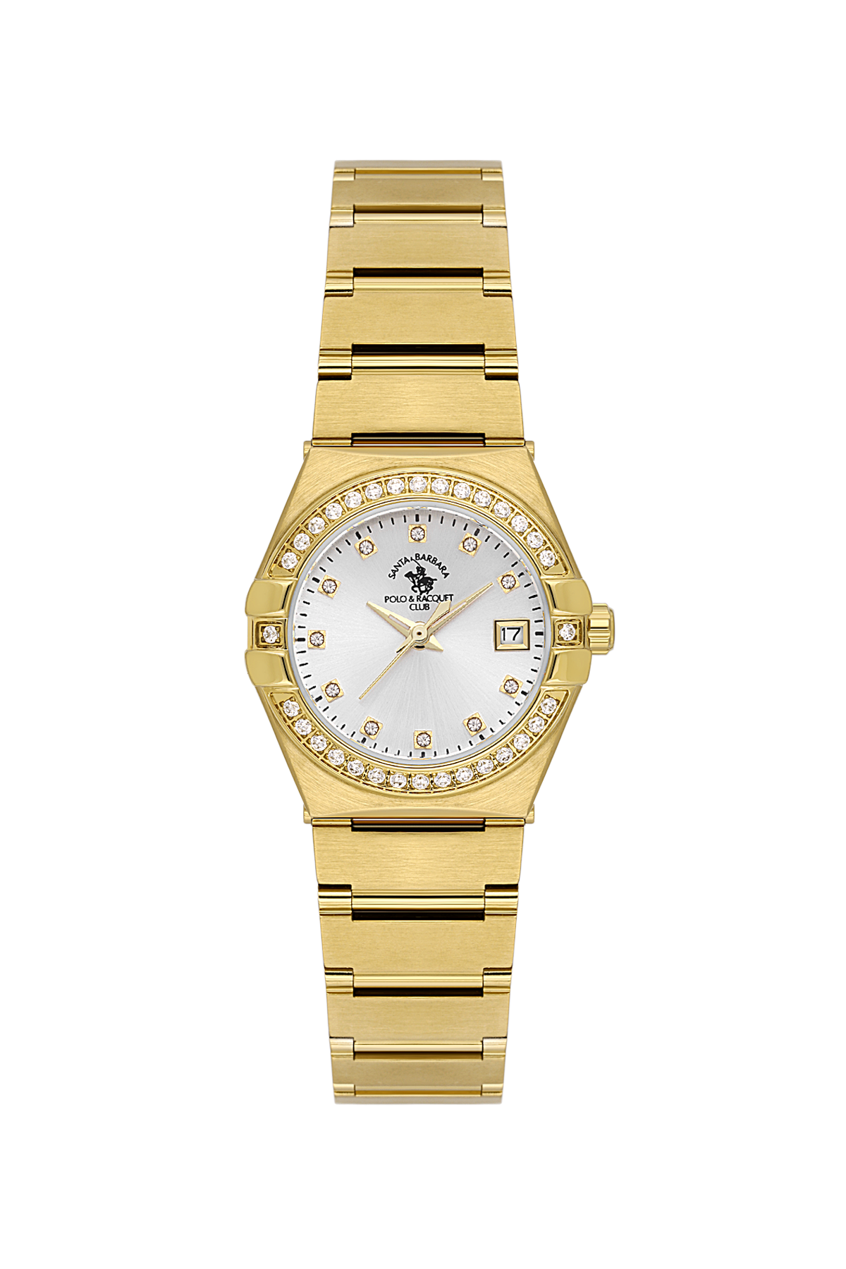 Gold wristwatch with a white face and diamond accents on a white background