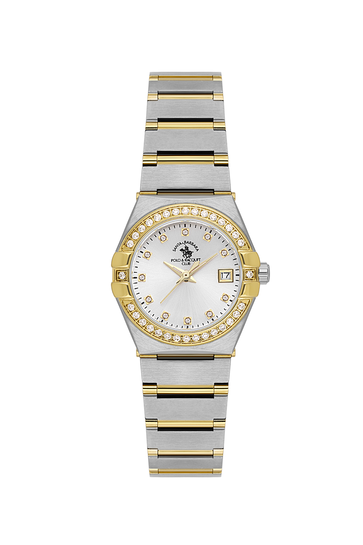 Two-tone watch with a gold and silver band on a white background