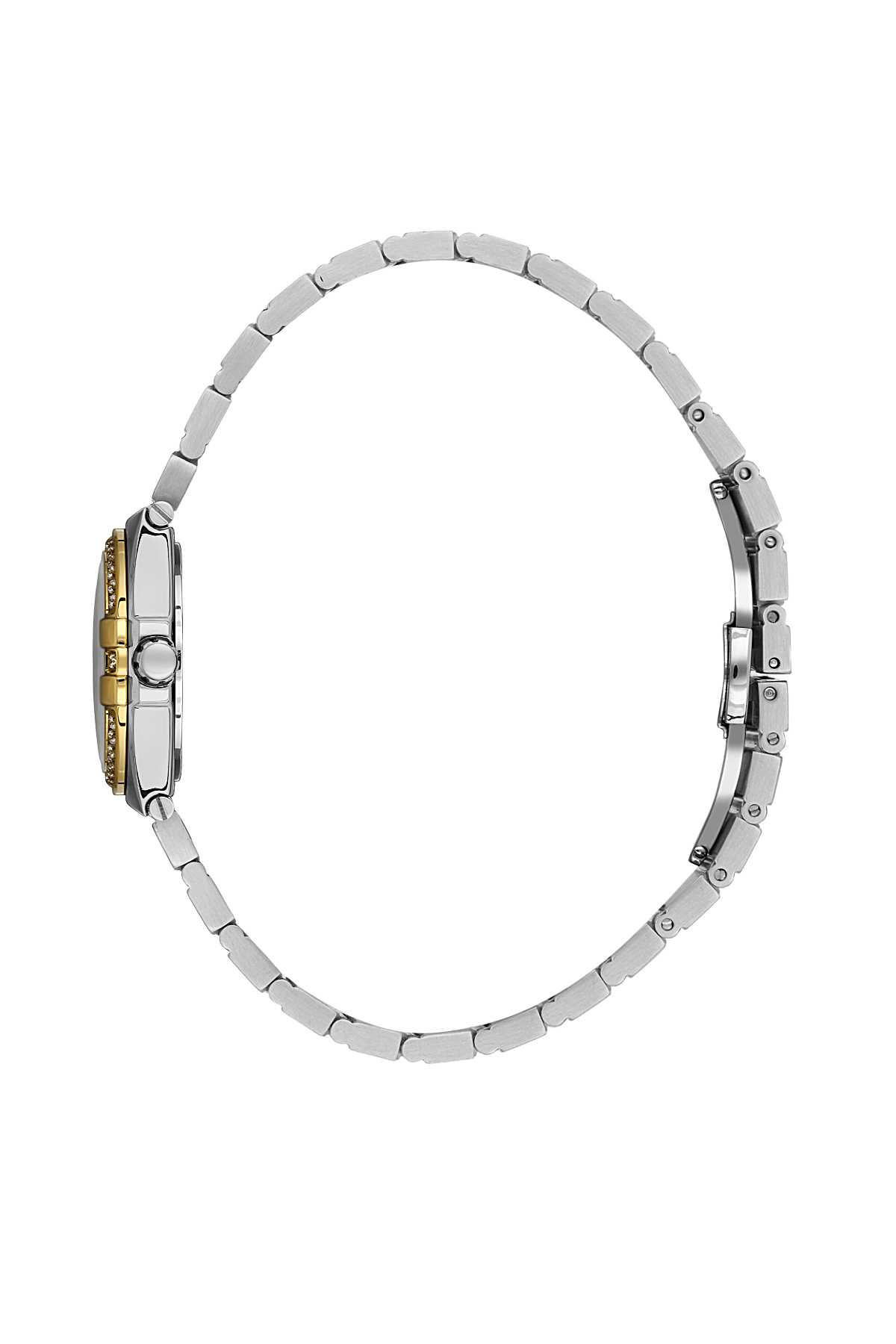Silver watch with a gold face on a white background