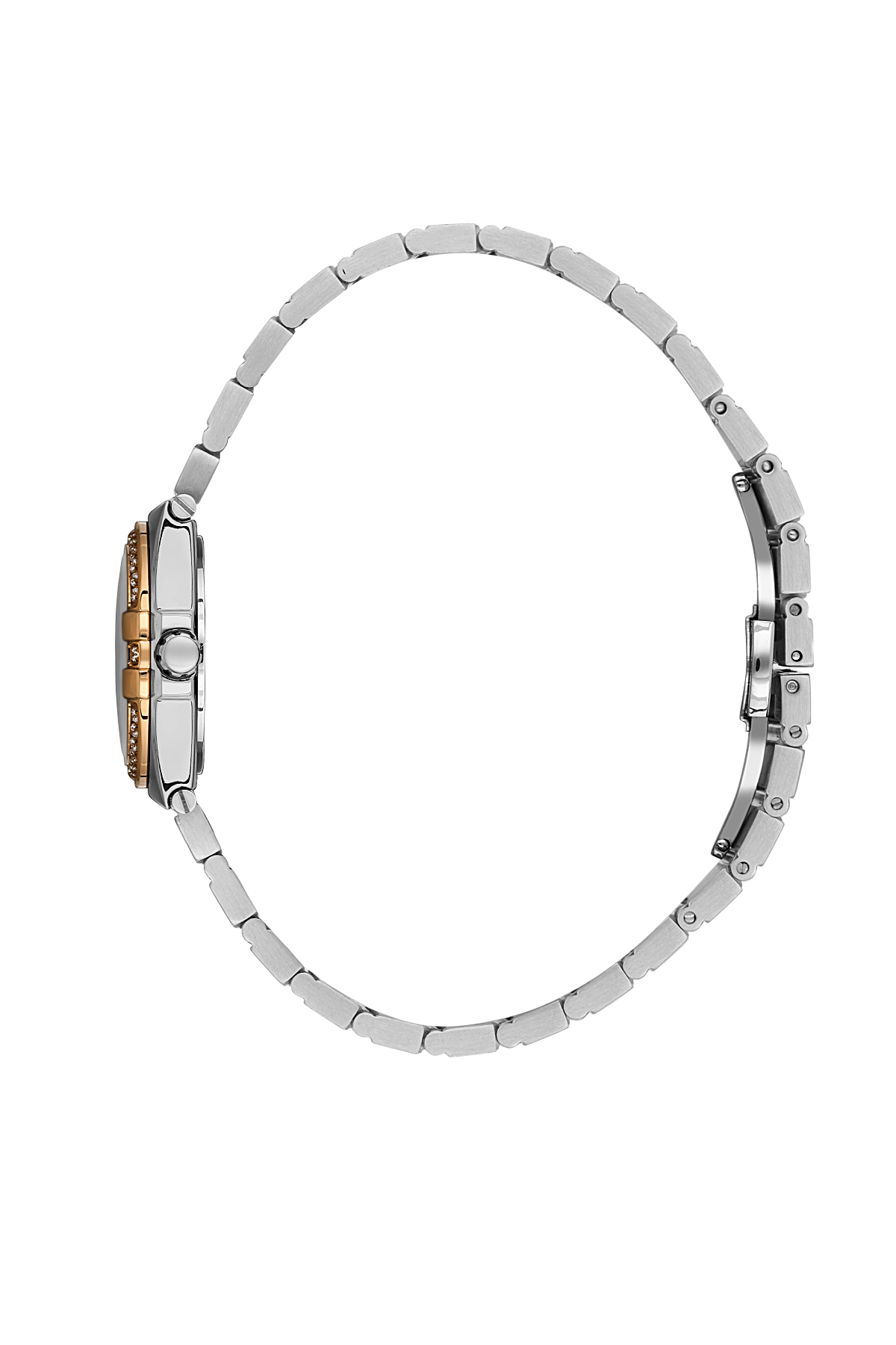 Silver watch with a gold accent on a white background