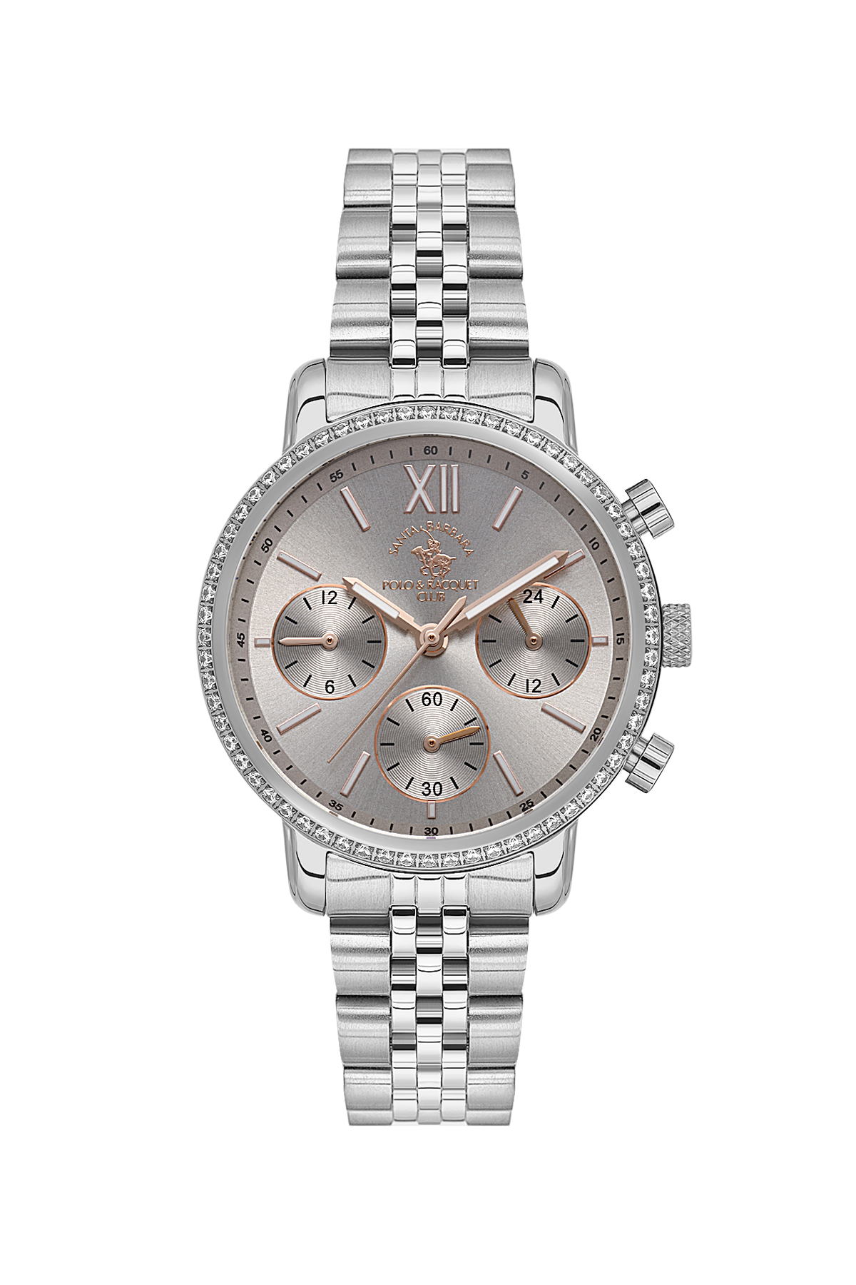 Silver watch with a detailed face on a white background