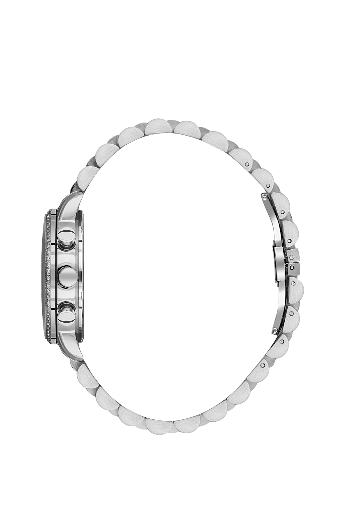 Silver watch with a detailed band on a white background