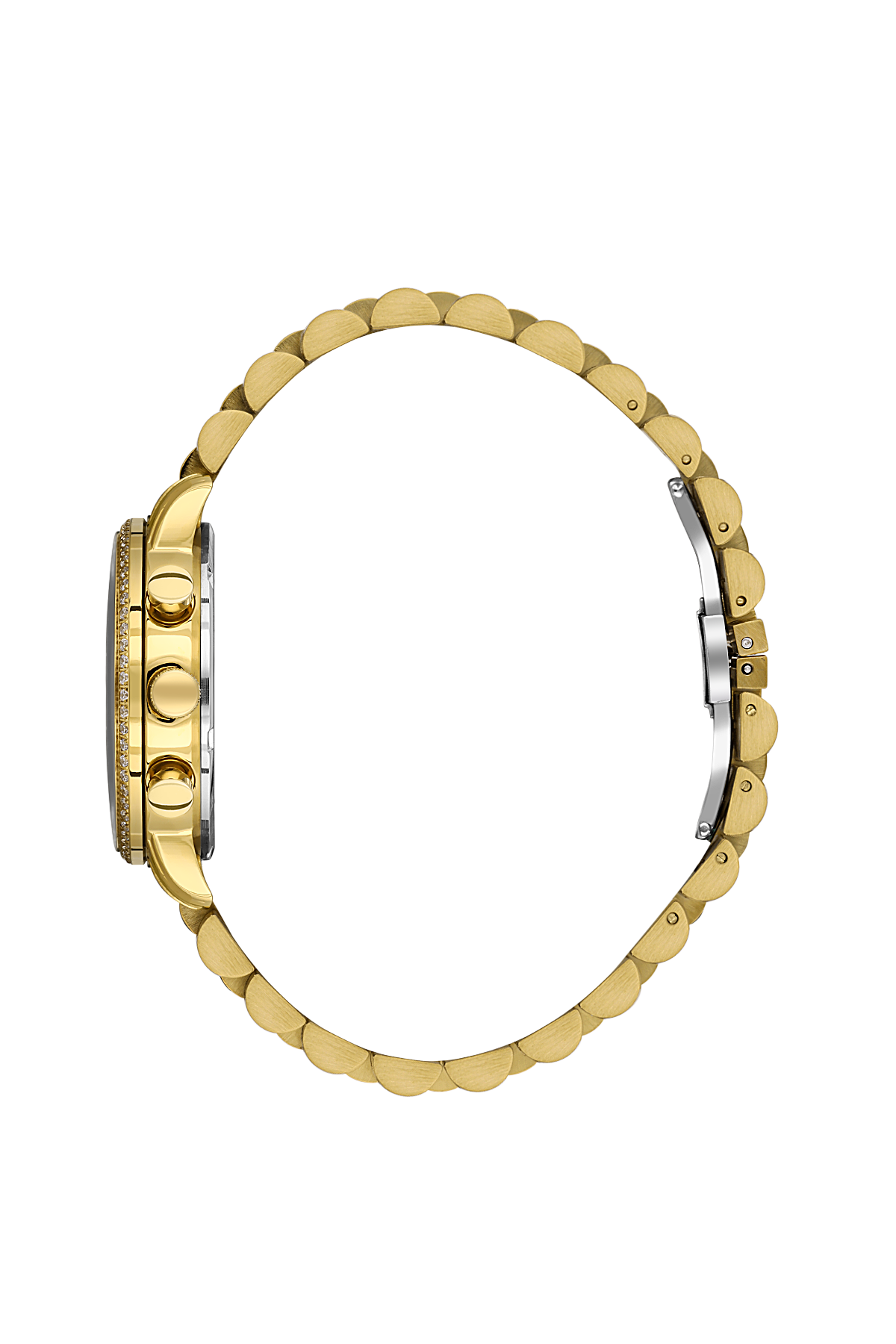 Gold watch with a detailed bezel on a white background