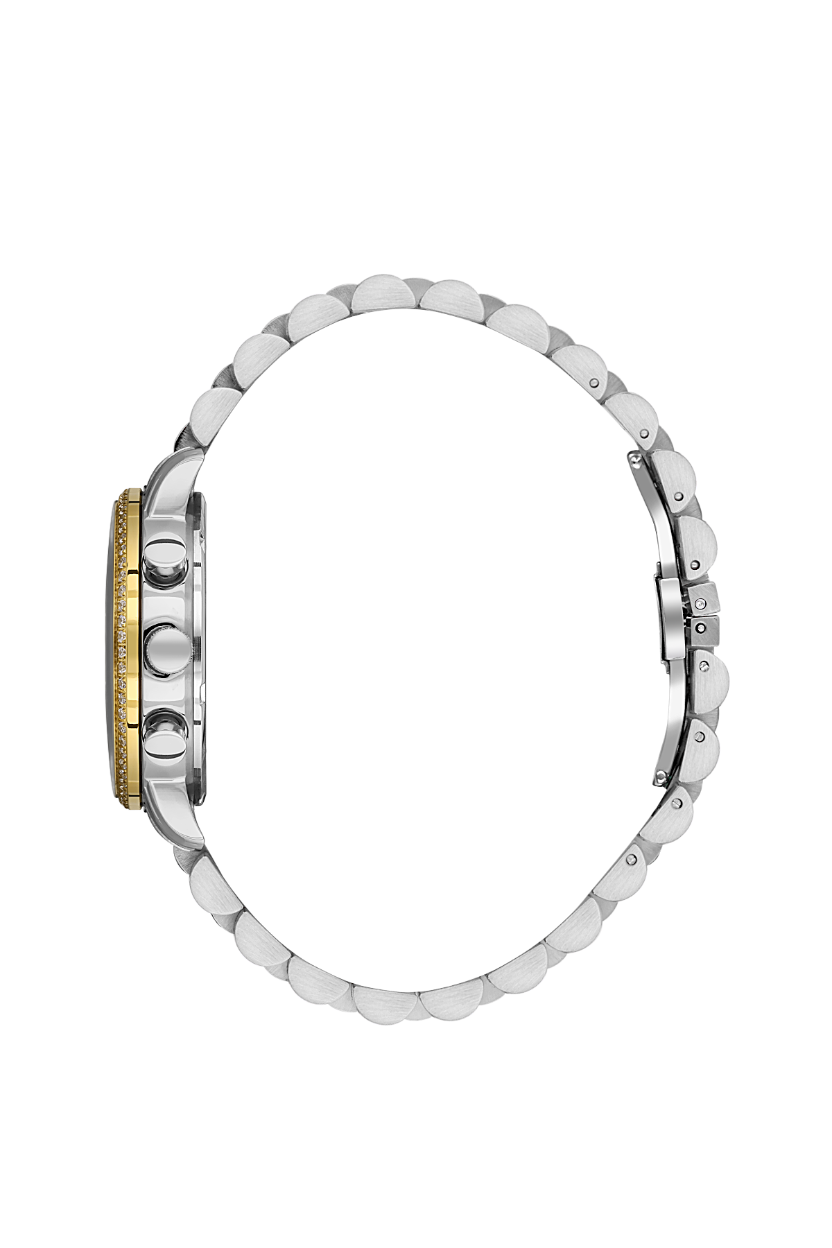 Close-up of a watch with a metallic band on a white background
