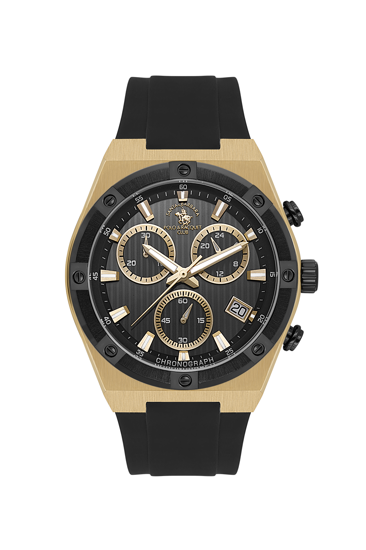 Gold and black watch with detailed face on a white background
