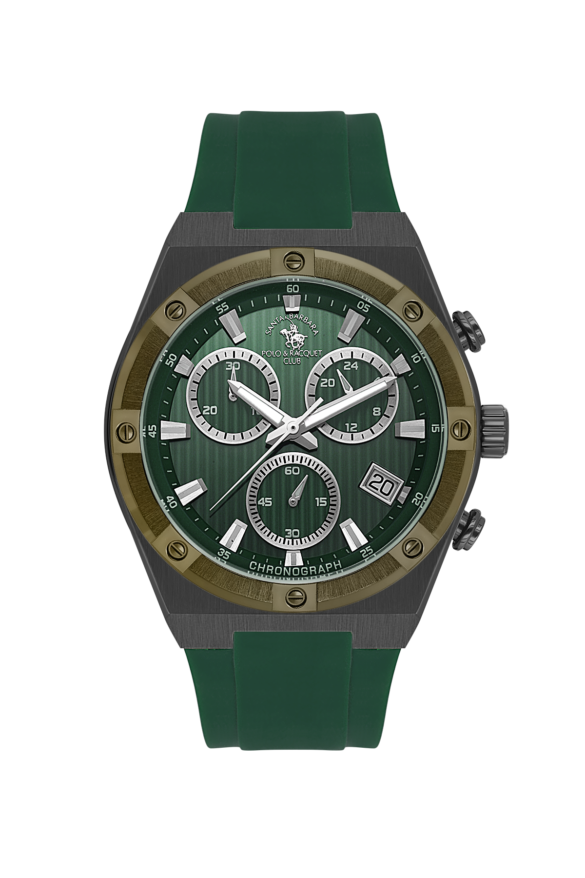 Green watch with a detailed face on a white background