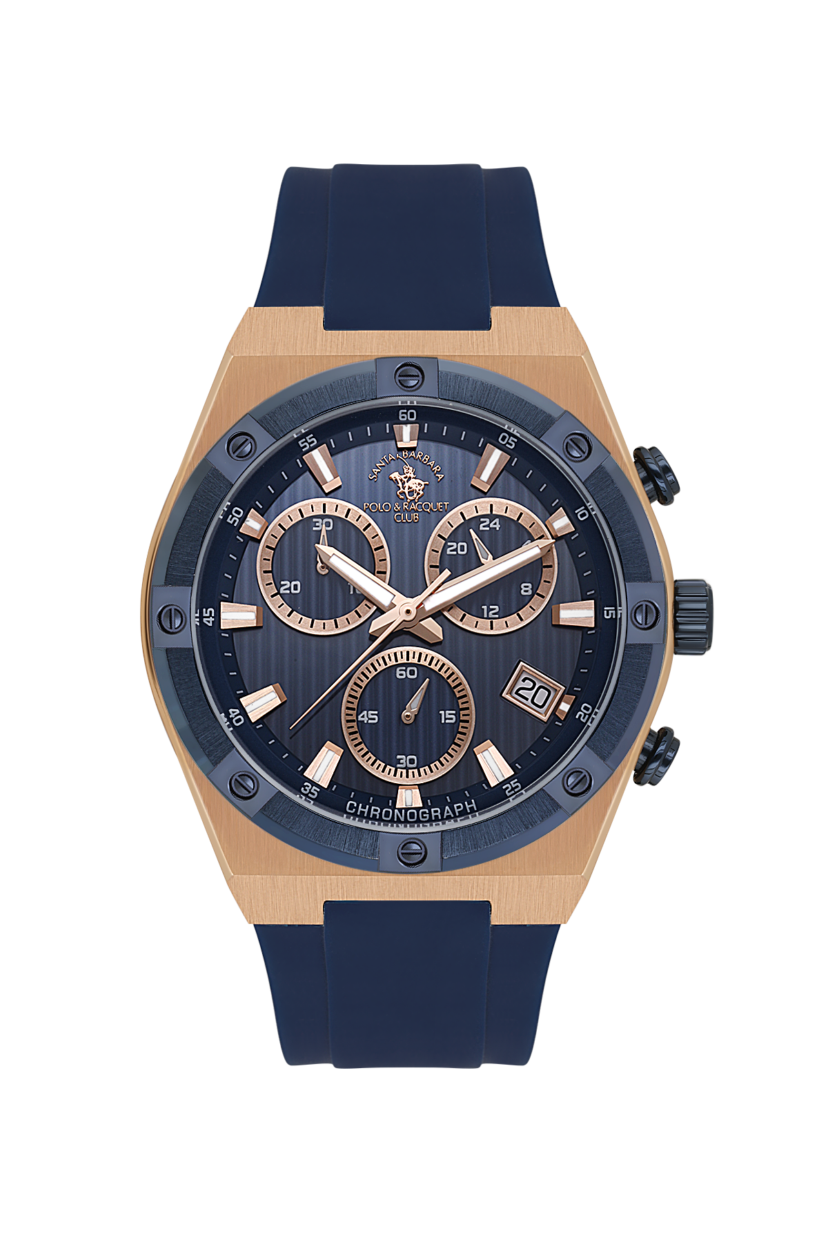 Luxury watch with blue strap and rose gold case on white background