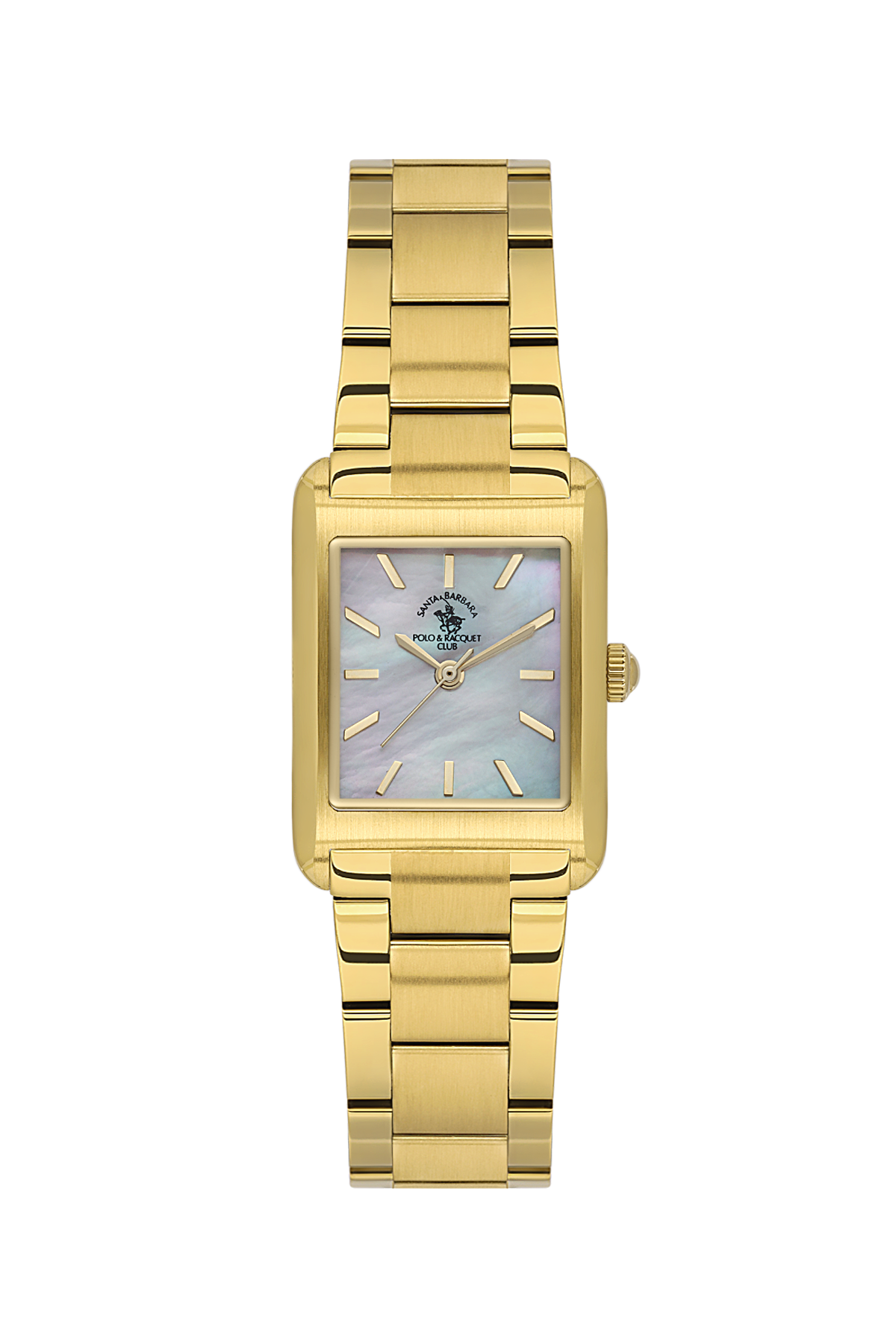 Gold wristwatch with a light face on a white background