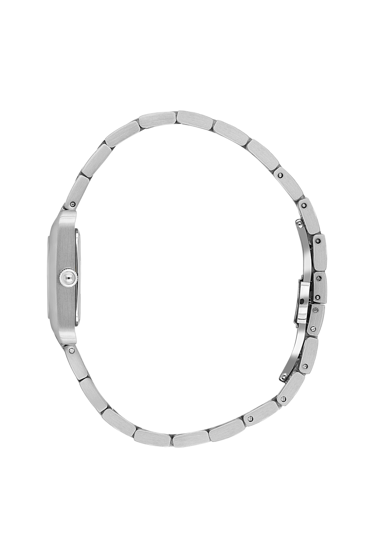 Silver watch band on a white background