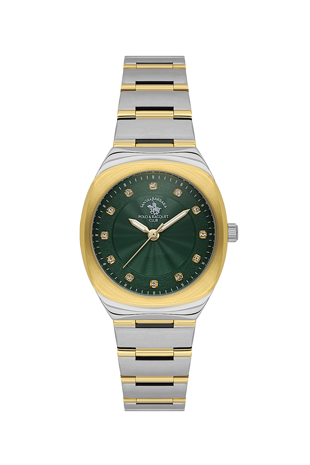 Two-tone gold and silver watch with a green dial on a white background