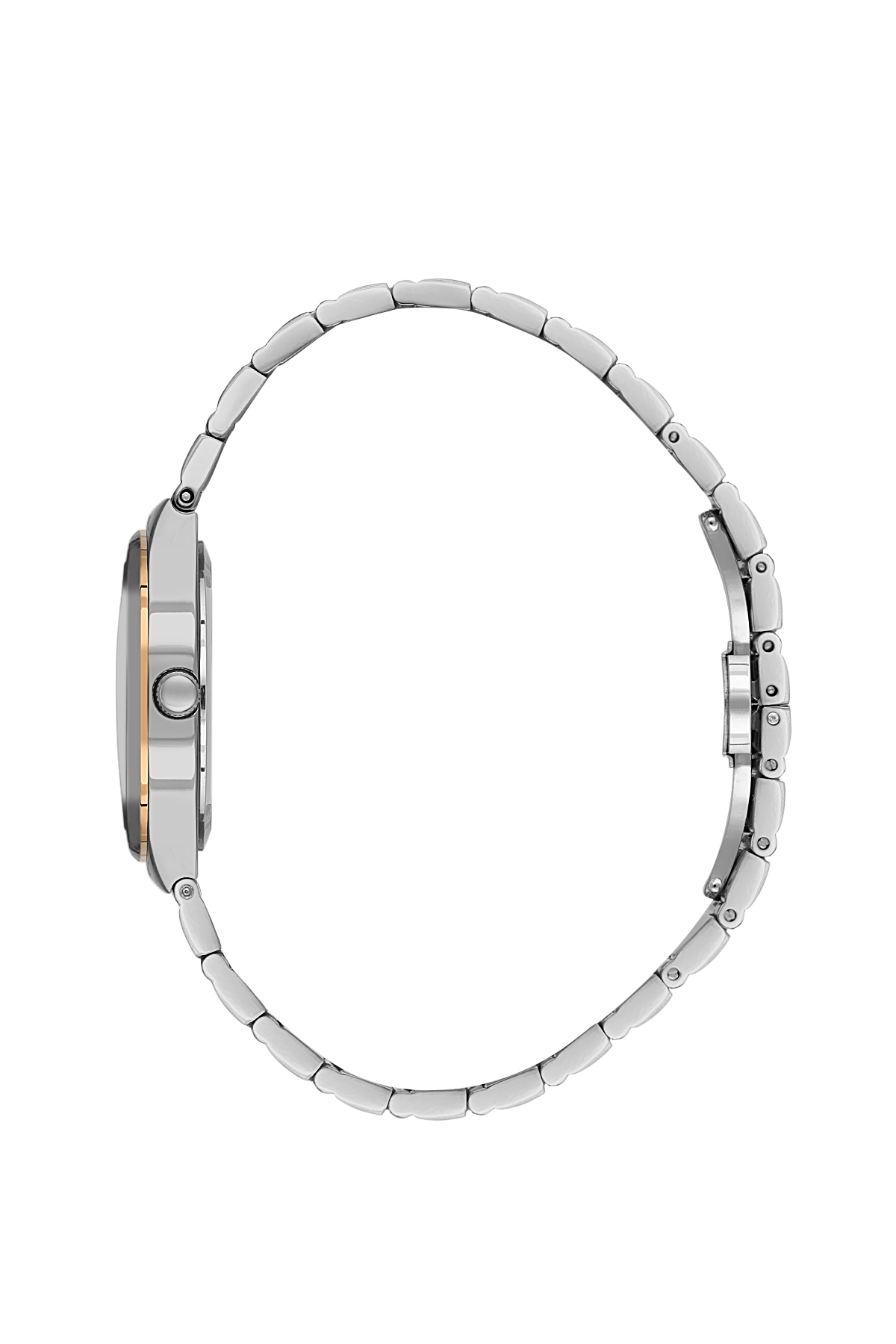 Close-up of a silver watch with a white background