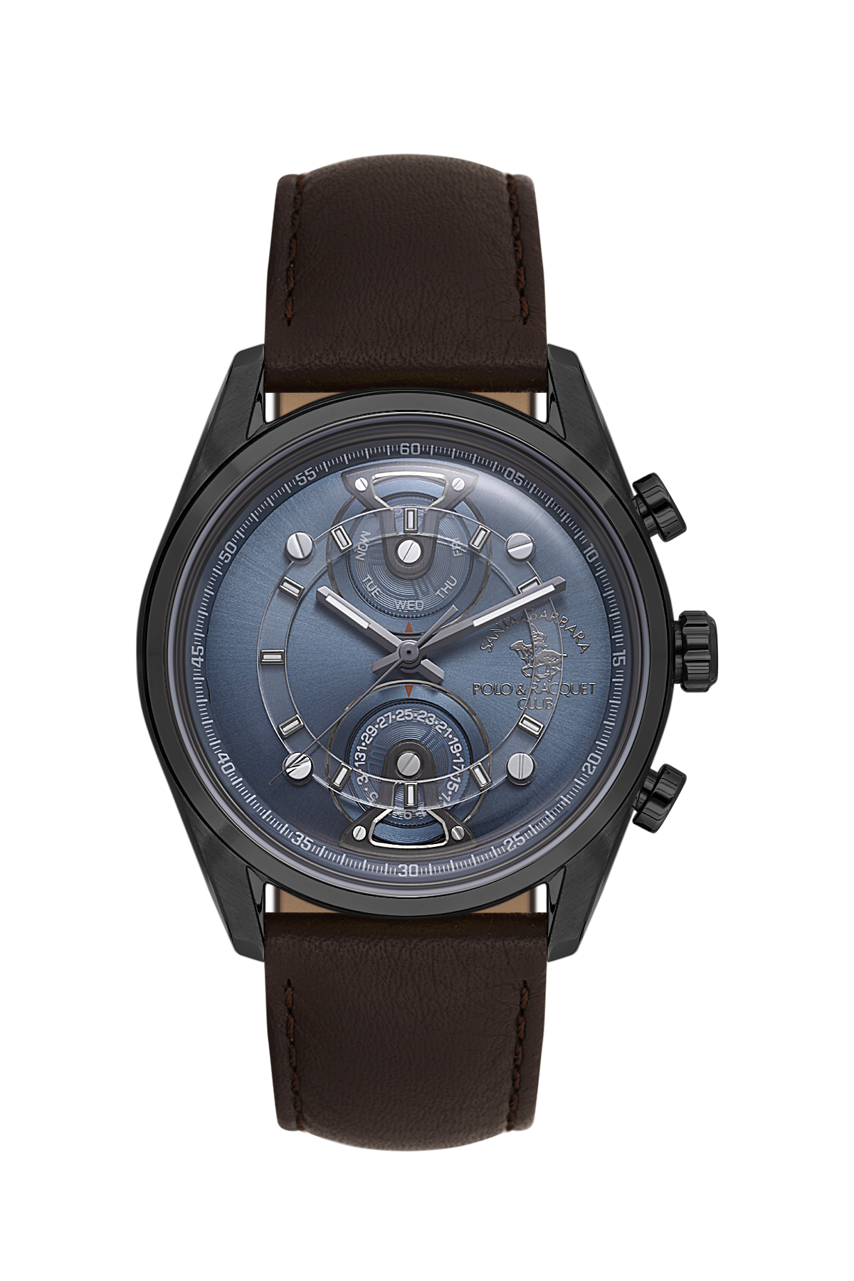 Watch with brown leather strap and black case on white background