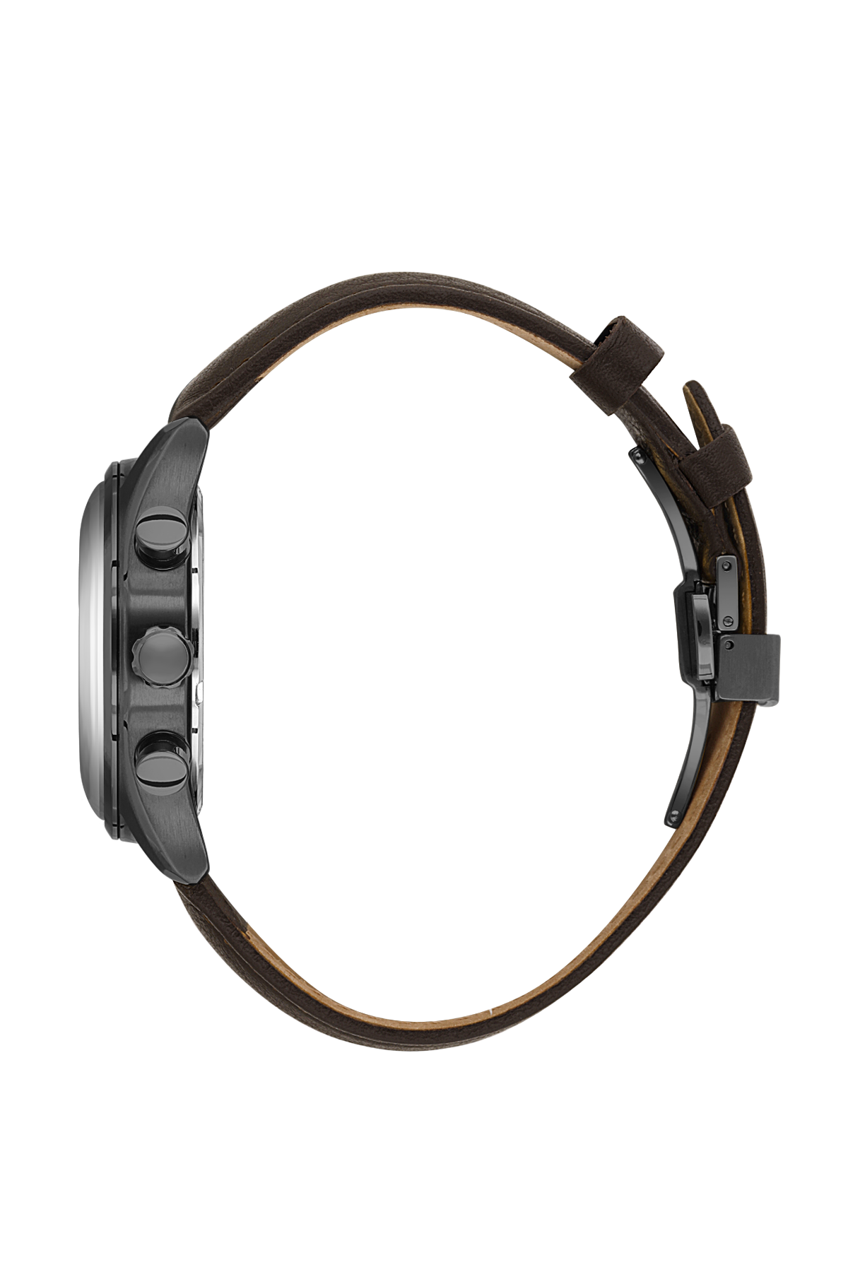 Close-up of a watch with a brown leather strap on a white background
