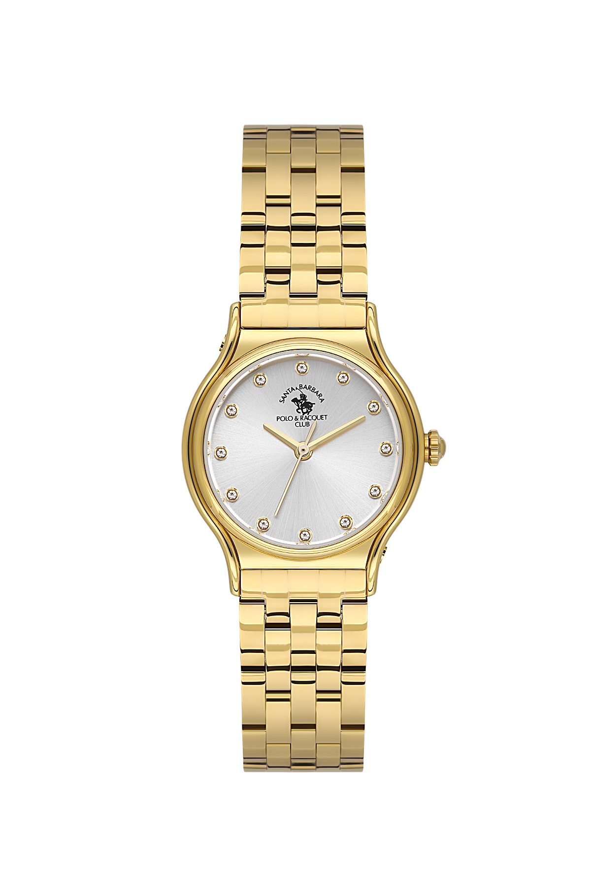 Gold wristwatch with a white face on a white background