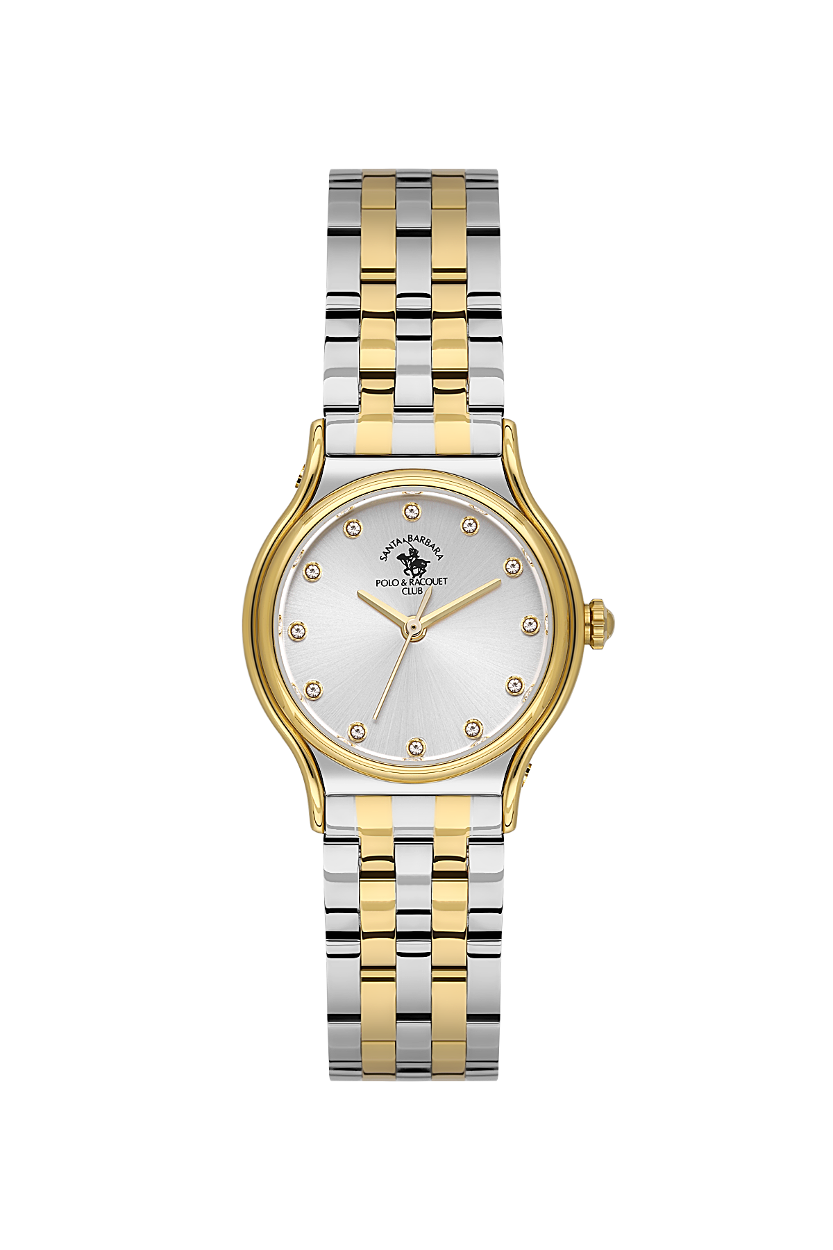 Two-tone watch with gold and silver band on a white background