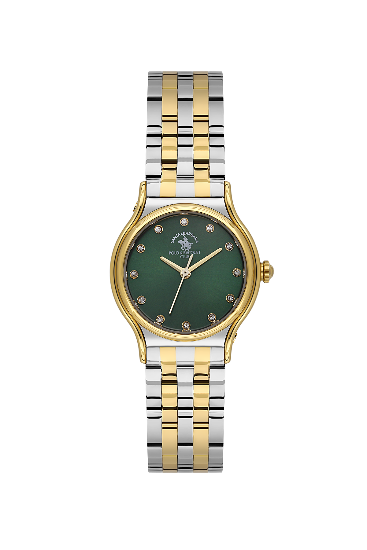 Two-tone watch with green face on a white background