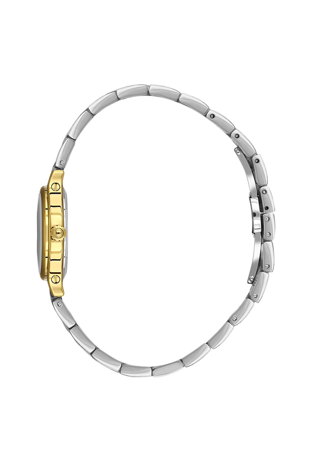 Two-tone watch with gold and silver band on a white background