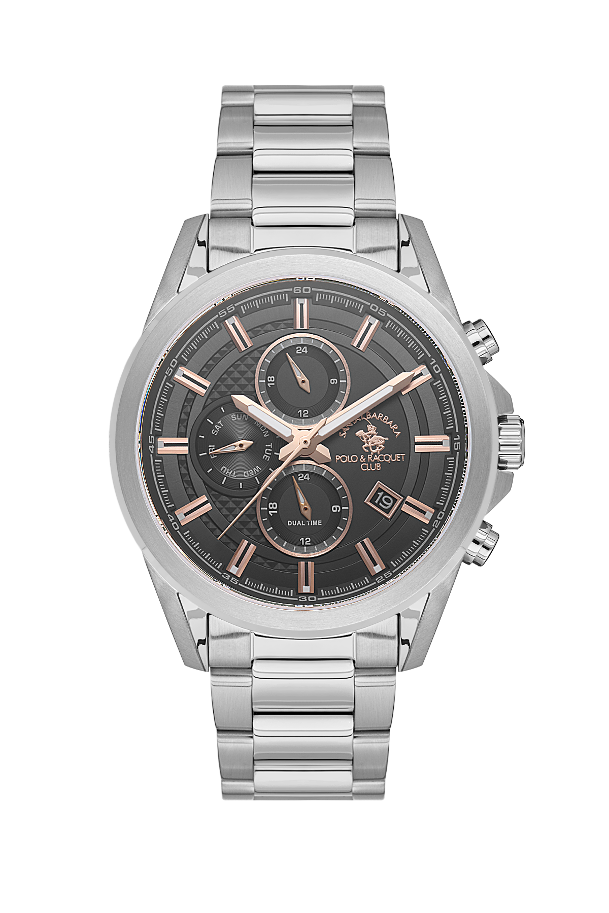 Silver watch with a detailed face on a white background