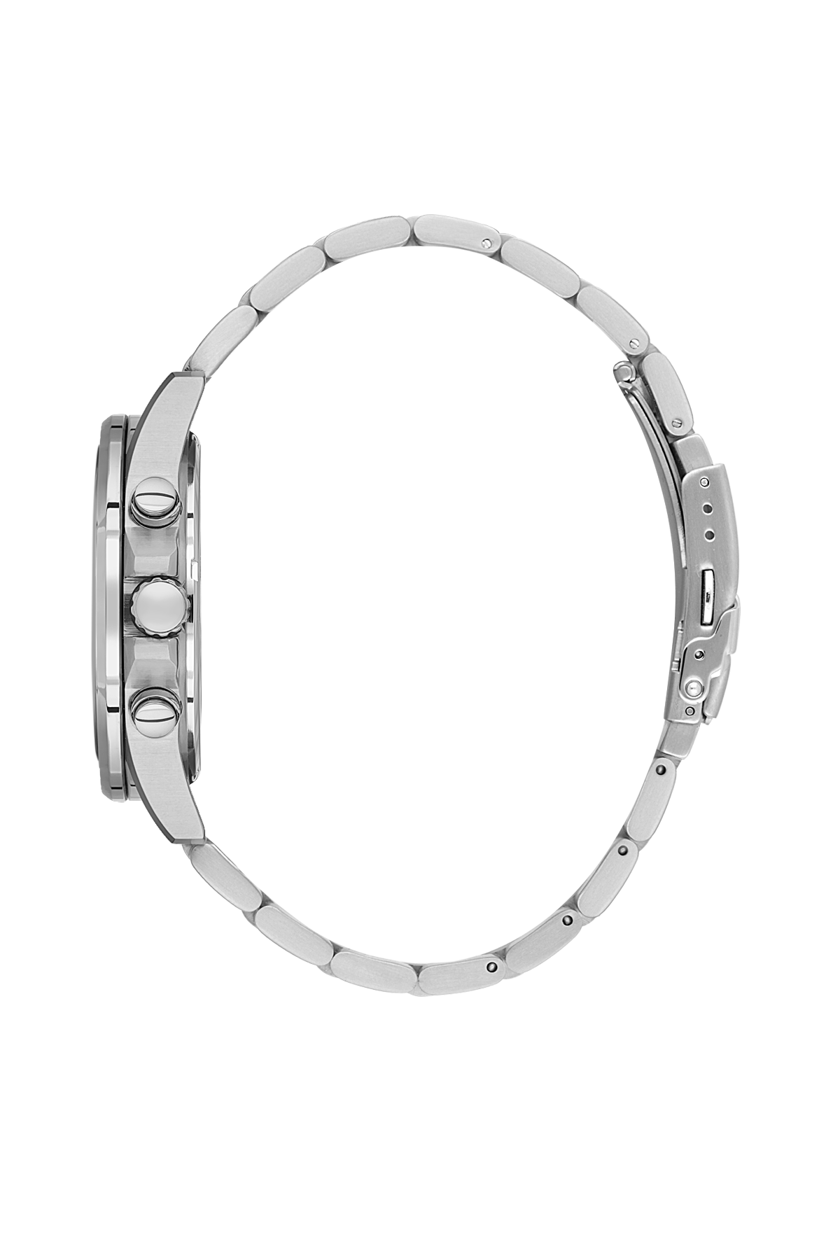 Silver watch with a detailed case on a white background