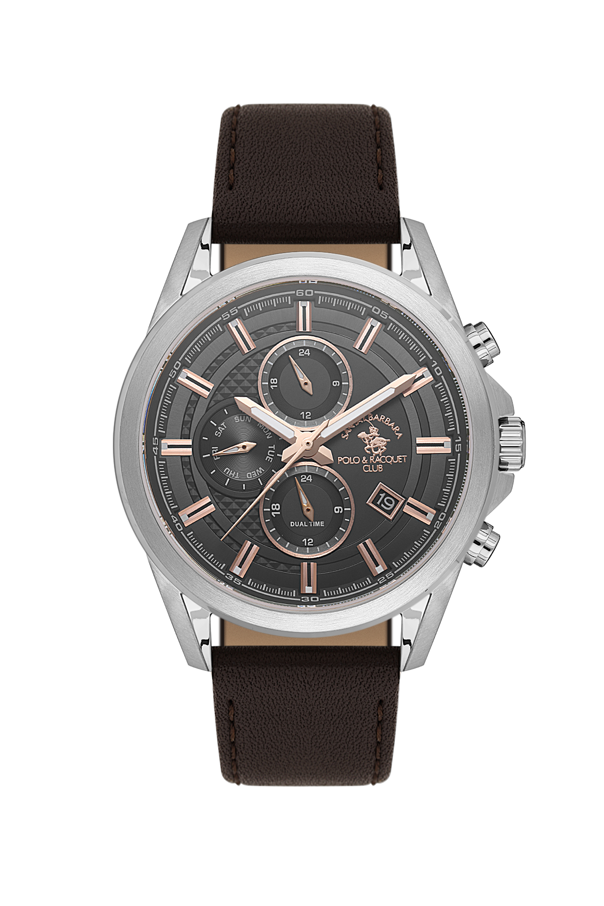 Wristwatch with brown leather strap and silver case on white background