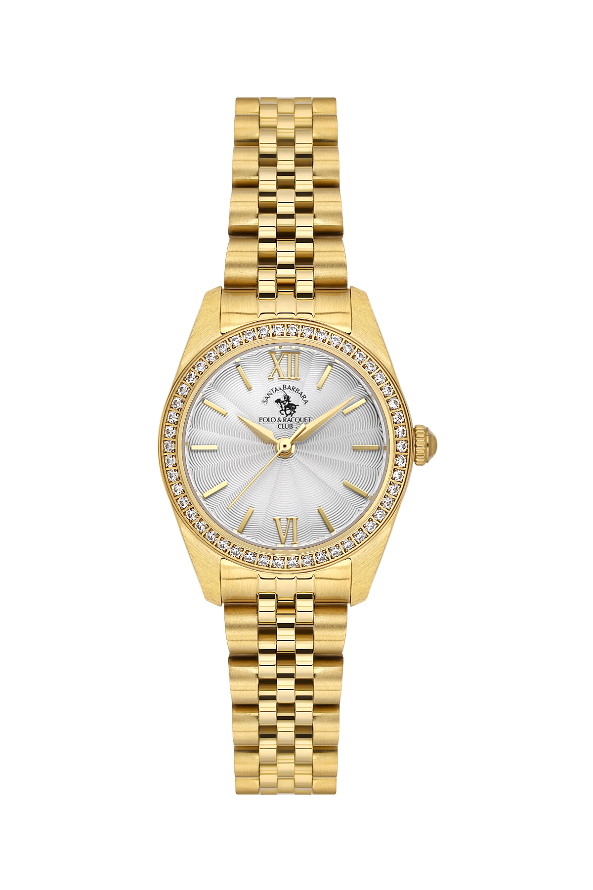 A gold-tone stainless steel watch with a silver sunburst dial, a bezel encrusted with small clear stones, and a gold link bracelet, shown against a plain white background.