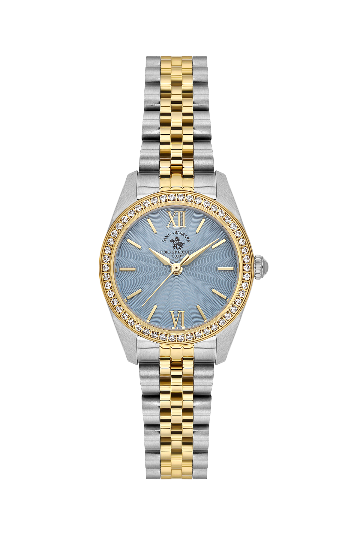 A two-tone stainless steel and gold watch with a light blue sunburst dial, Roman numeral hour markers, a bezel lined with small clear crystals, and a matching two-tone metal bracelet, shown on a plain white background.