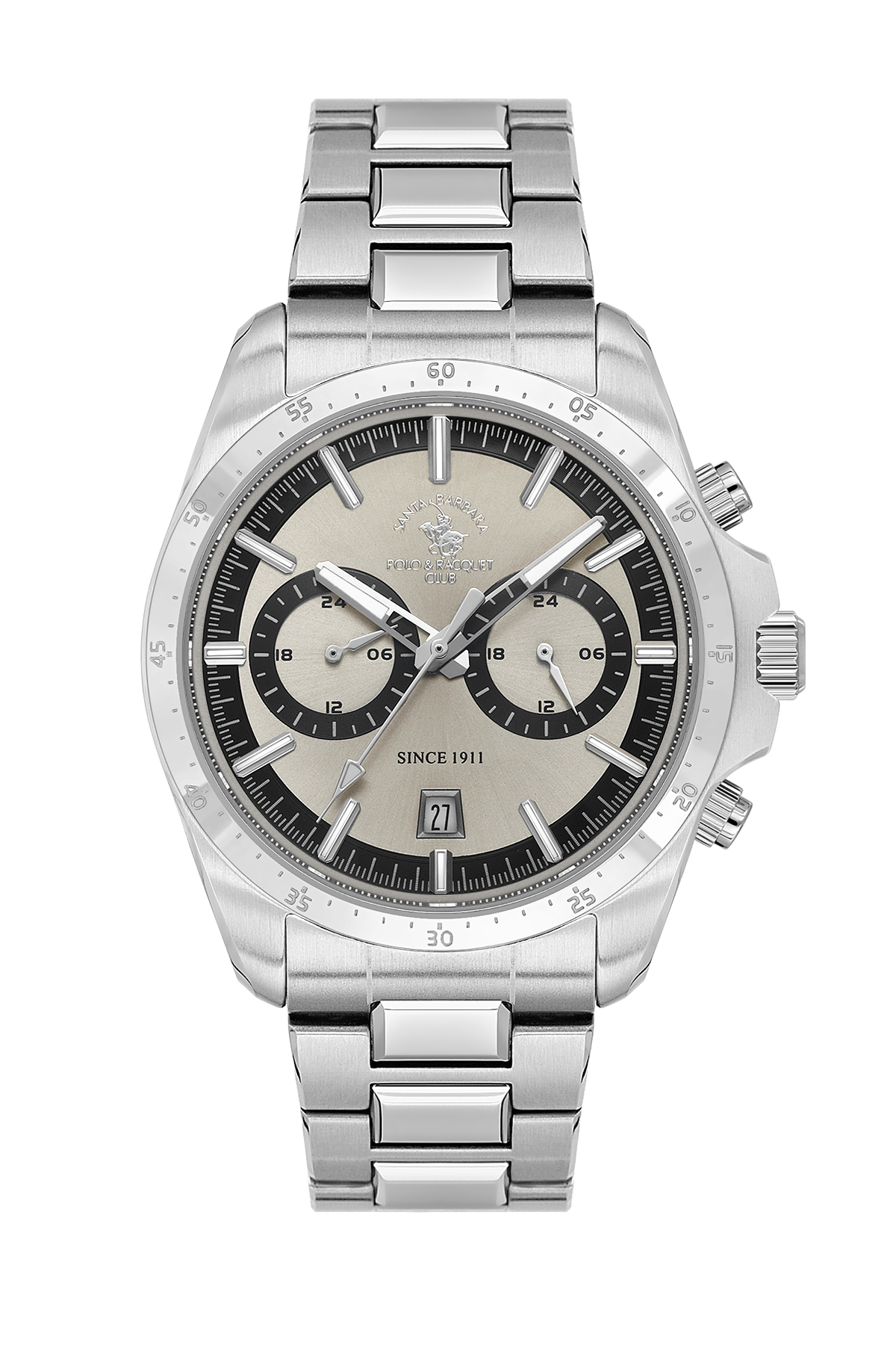 A silver stainless steel wristwatch with a silver link bracelet, featuring a beige dial with black sub-dials and a black bezel.