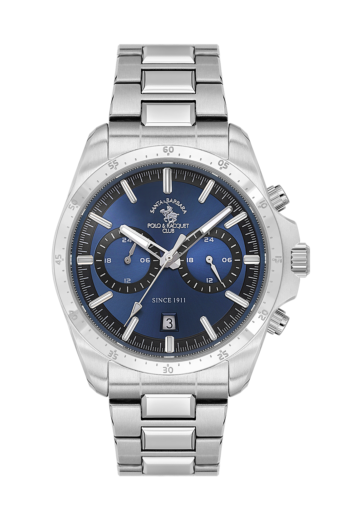 A silver stainless steel wristwatch with a blue dial, featuring three sub-dials, a date window, and a matching steel link bracelet, shown against a plain white background.