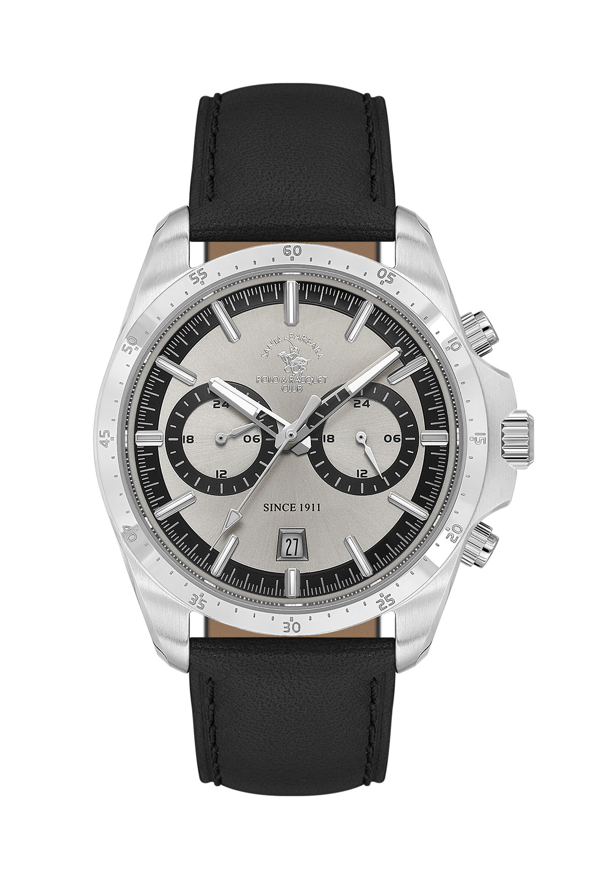 A Breitling chronograph watch with a silver-toned stainless steel case, a silver dial with black subdials and markers, and a black leather strap, shown against a plain white background.